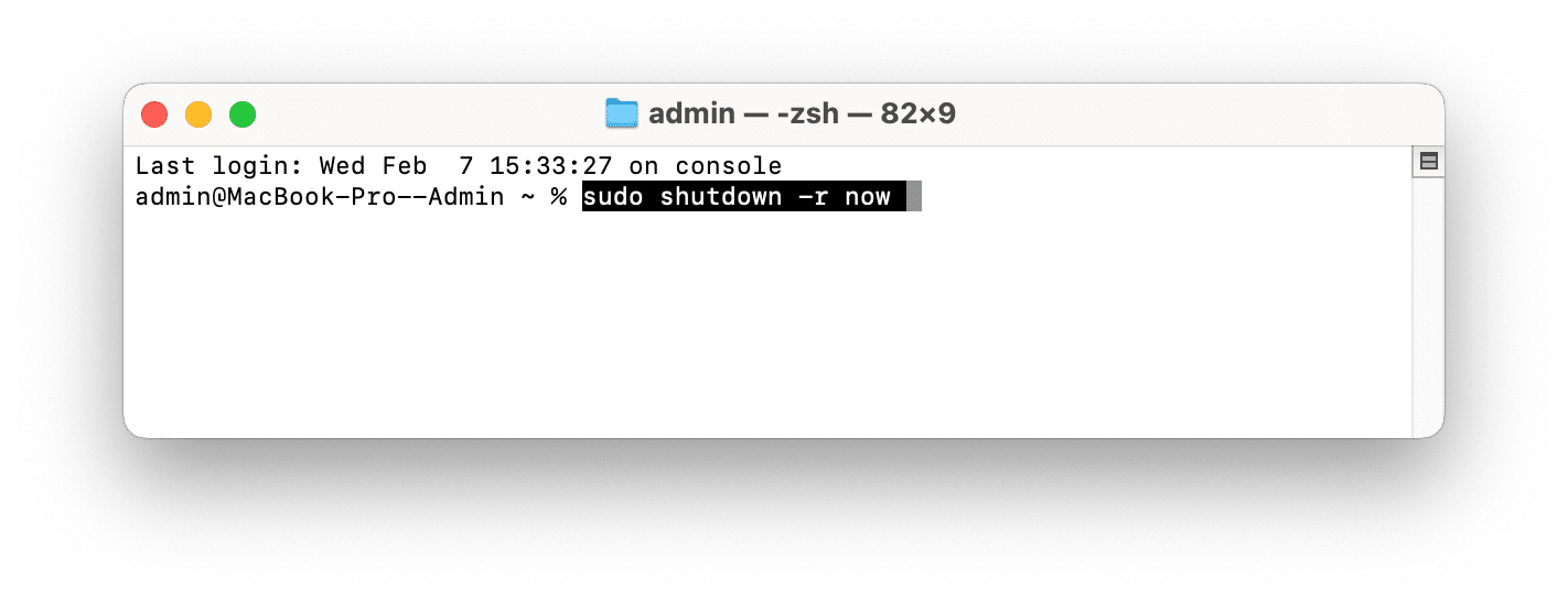 Terminal window showing the command to shut down a Mac