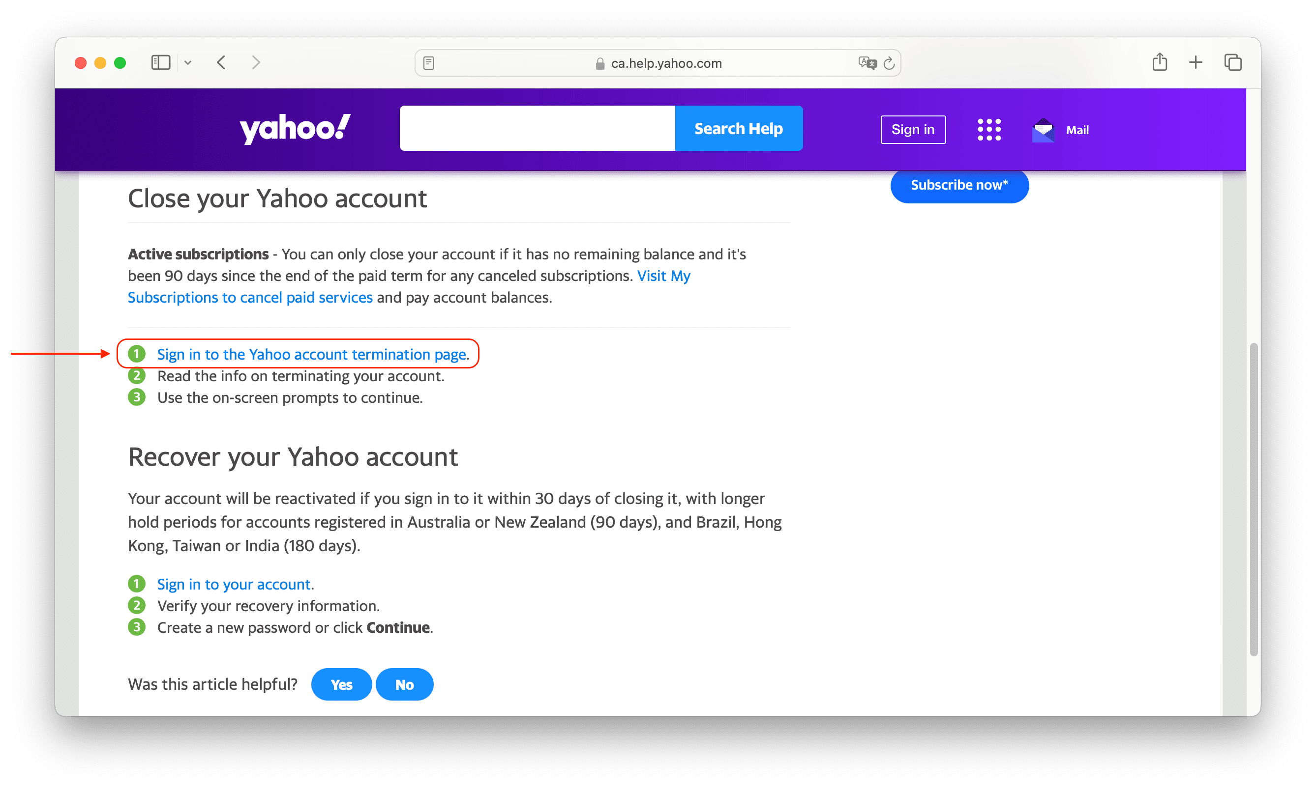 Yahoo help page