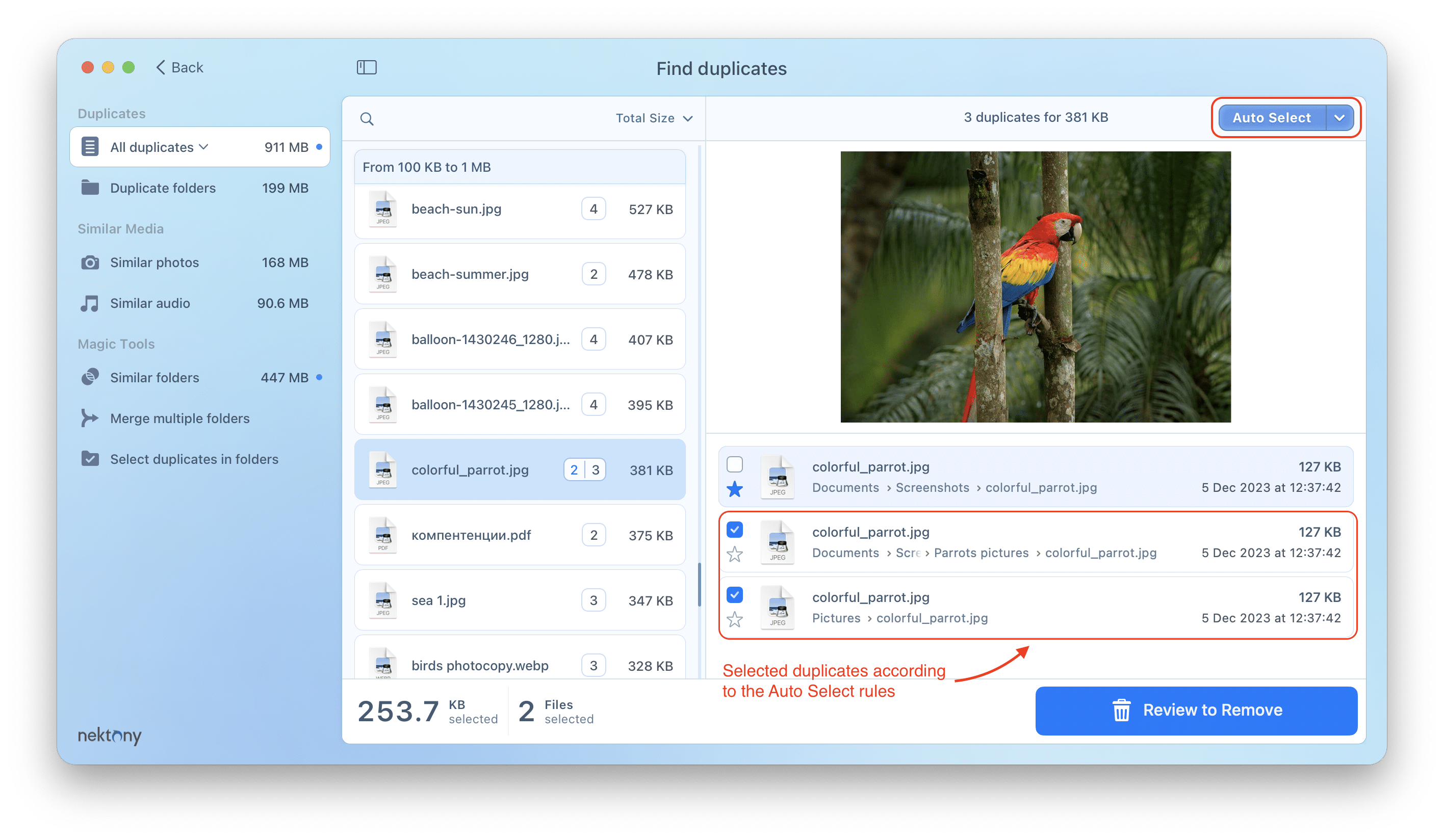 Duplicate File Finder showing selected files according to the auto select rules