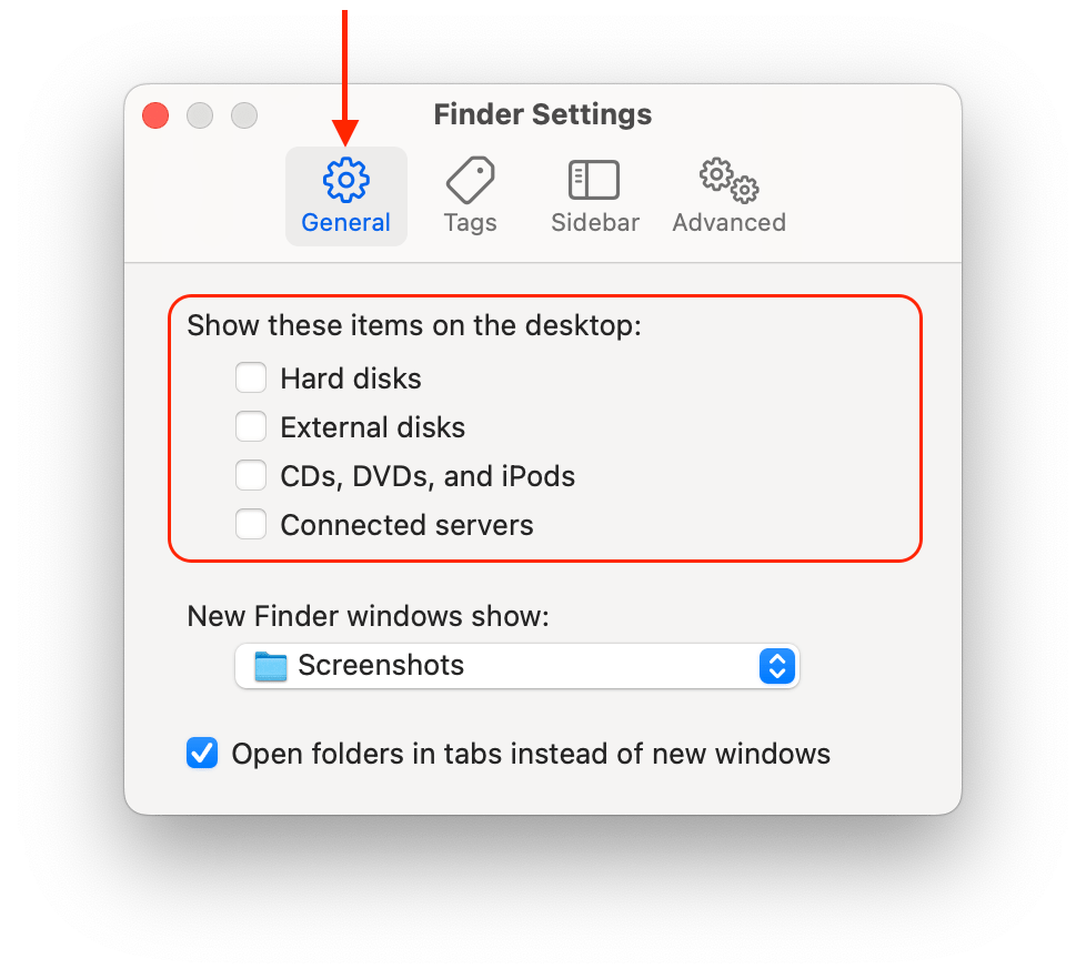 Finder settings window