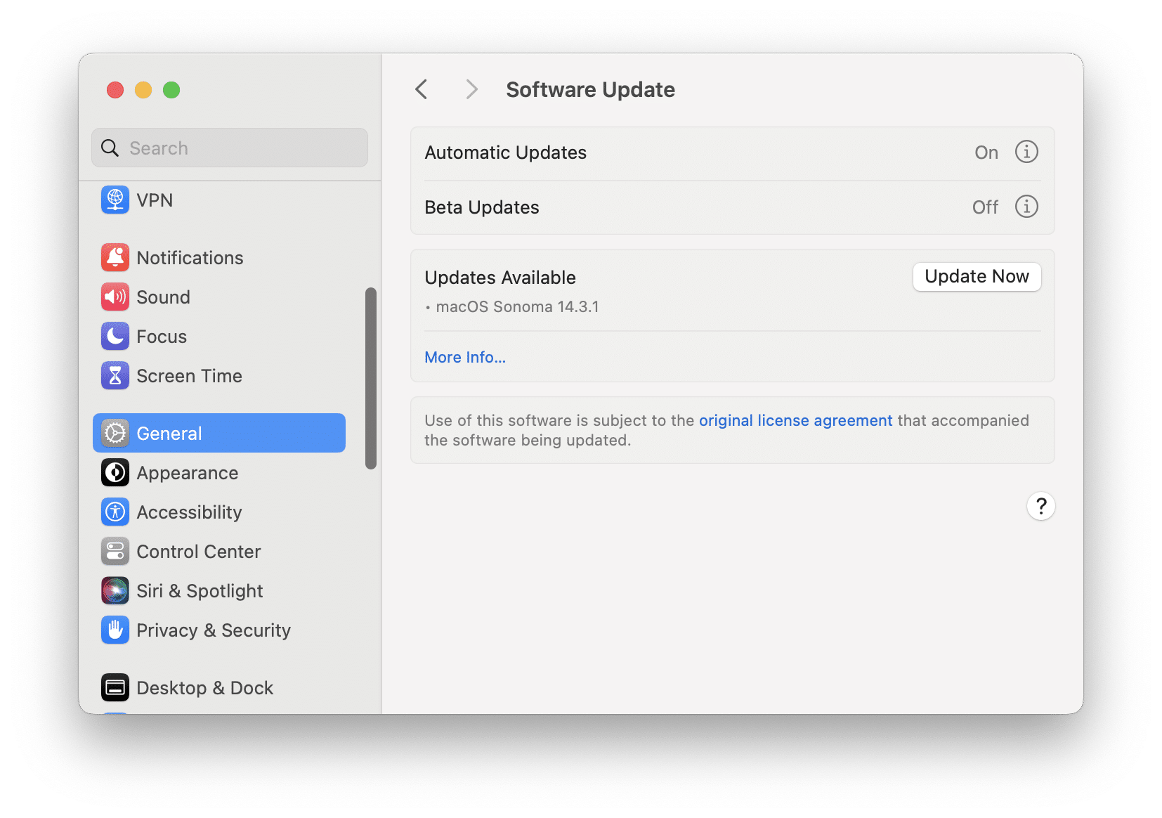 System settings showing Software update