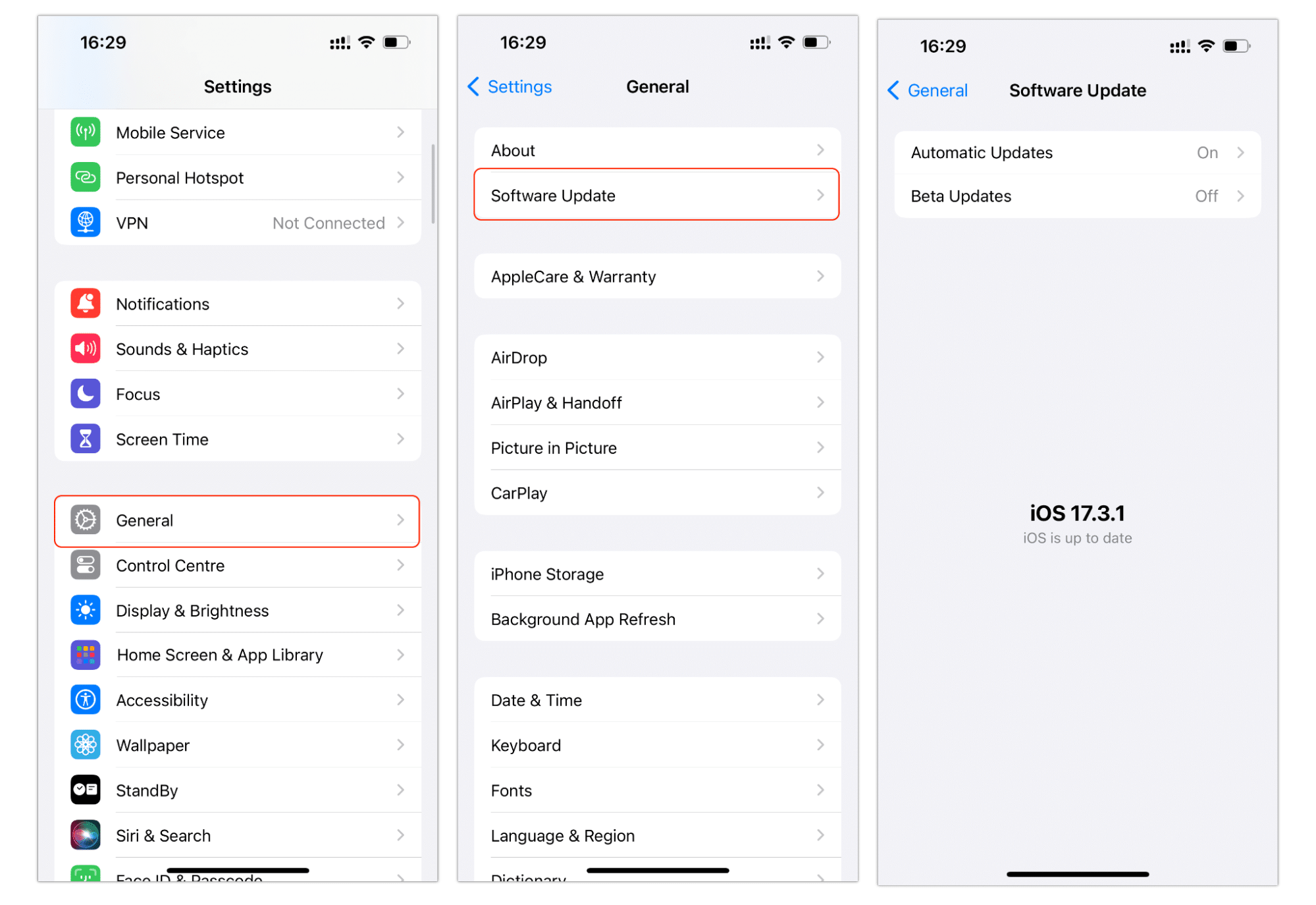 iPhone screens showing how to update iOS