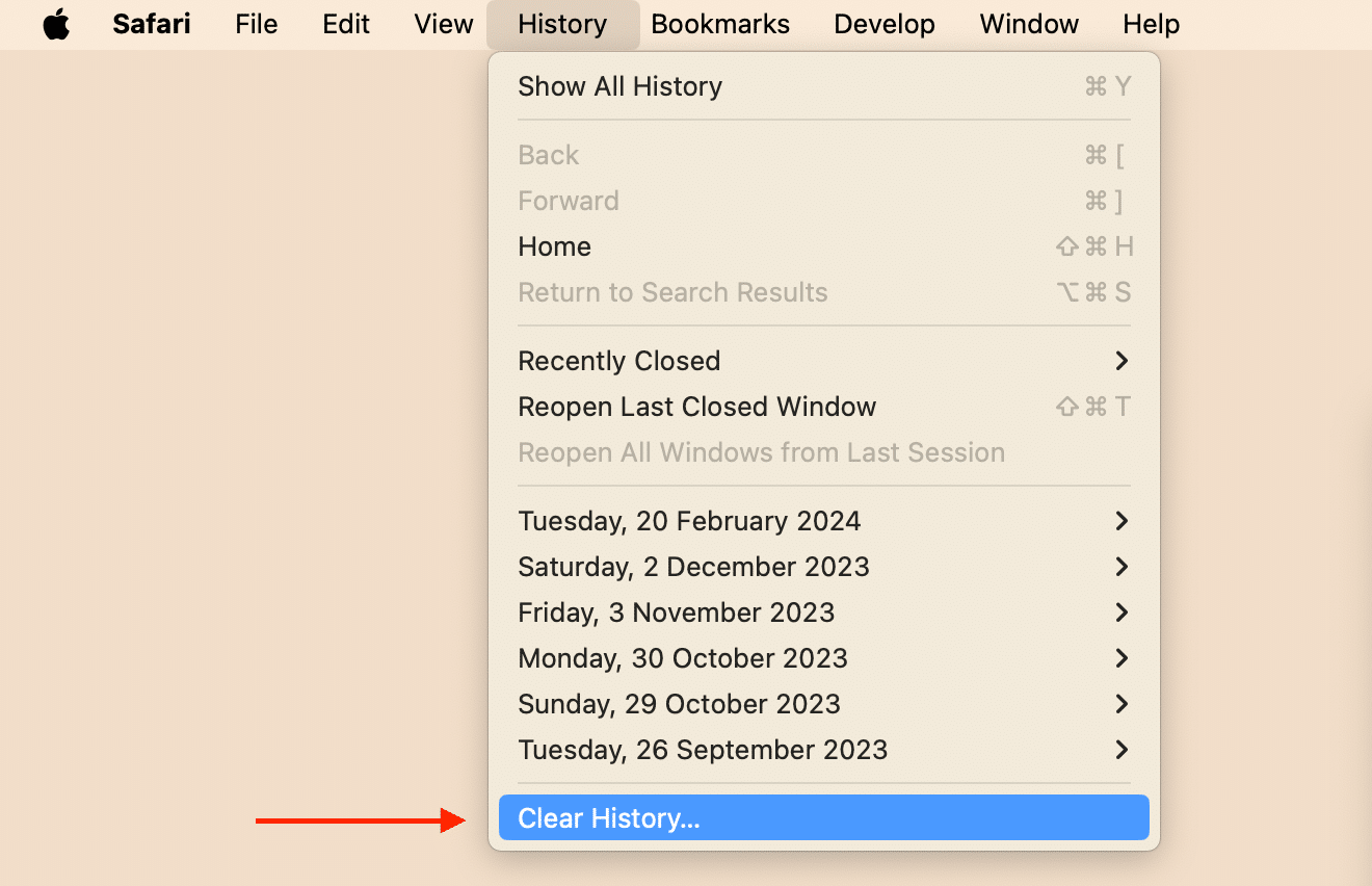 Safari menu showing the History drop-down menu