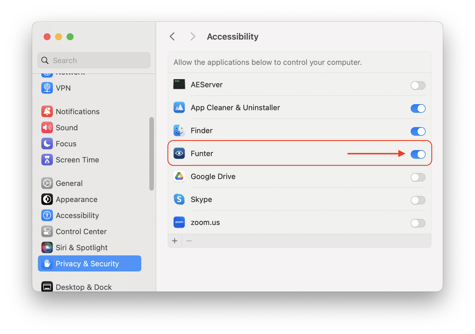 System Settings showing Funter in Accessibility section