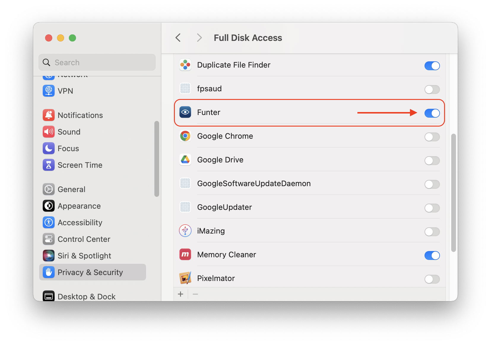 System Settings window showing access for Funter