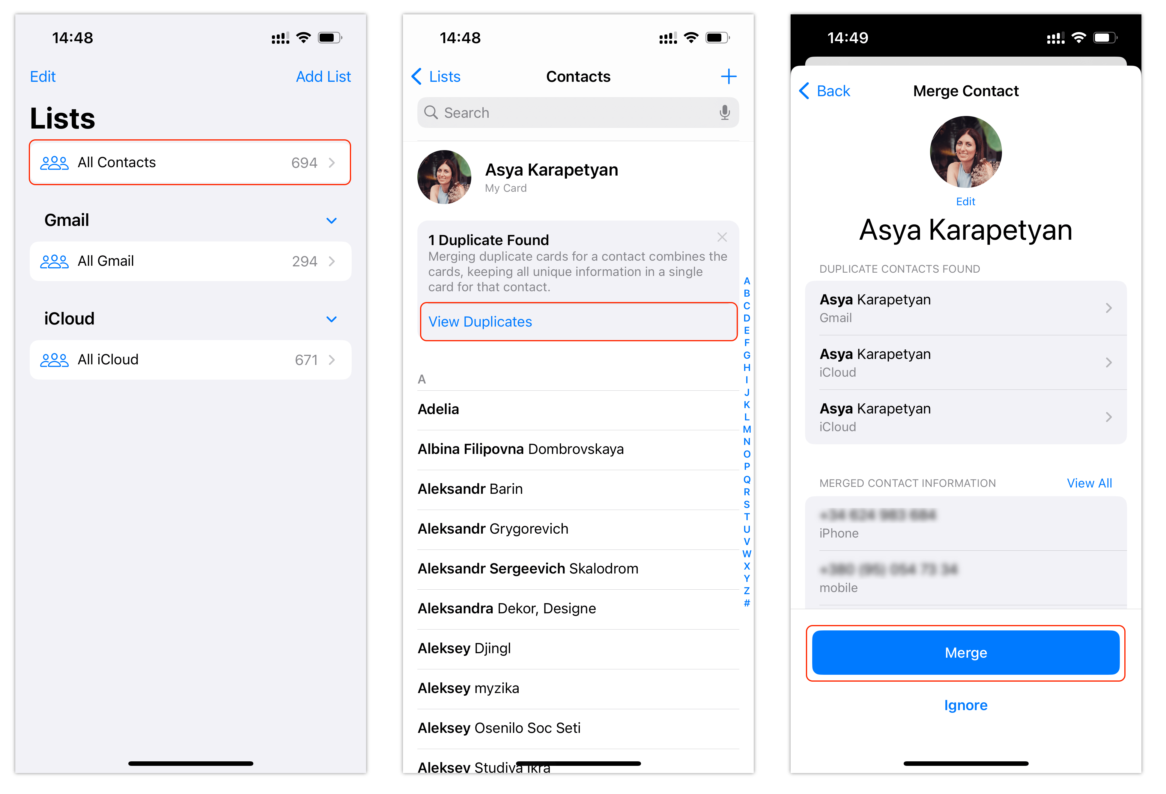 Merging iPhone contacts