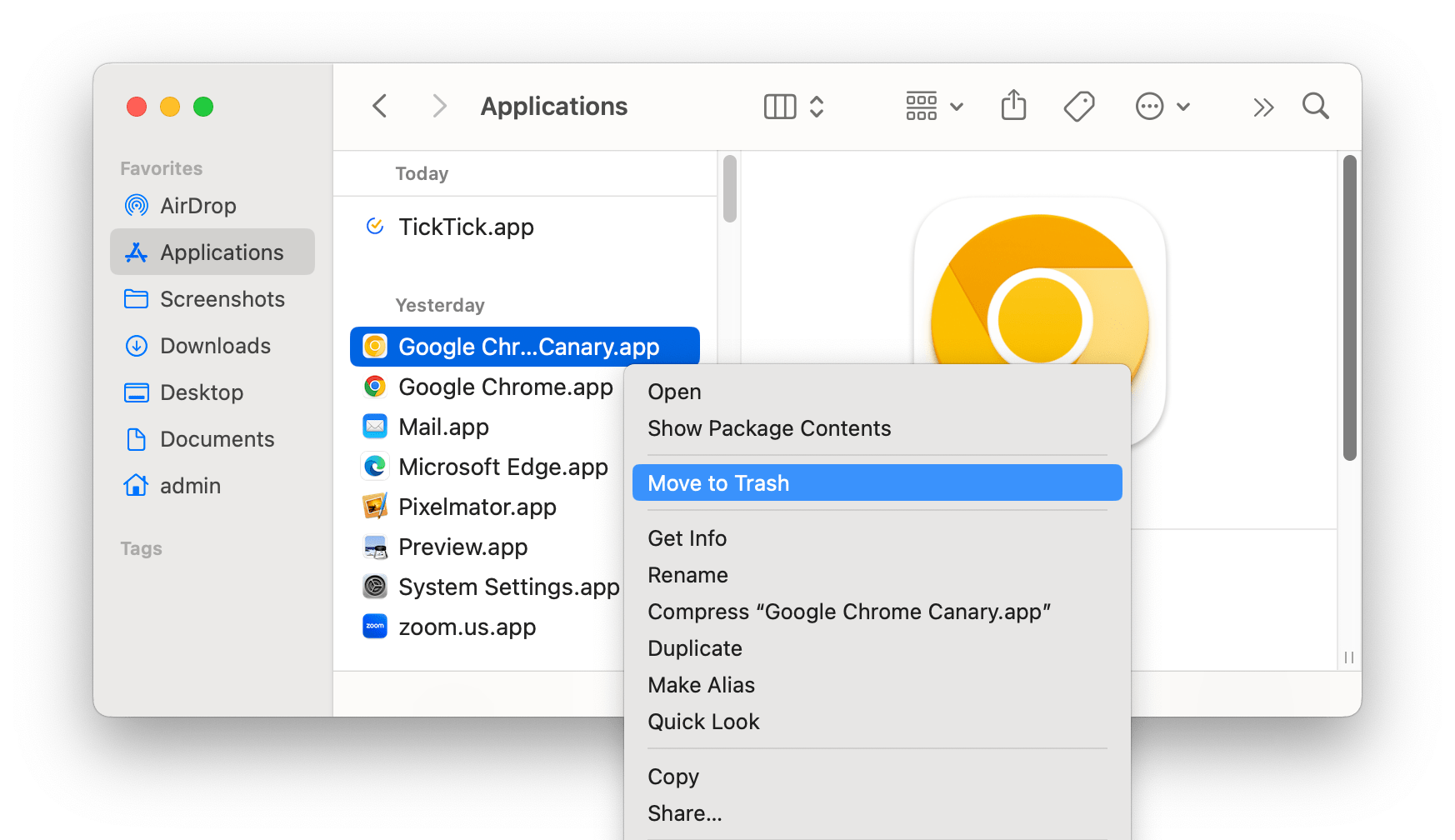 Deleting Google Chrome Canary