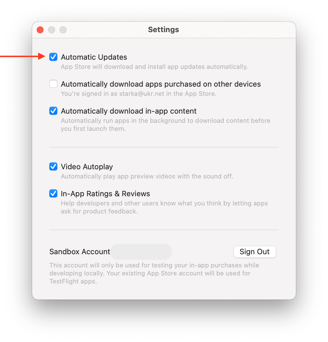 App Store settings window