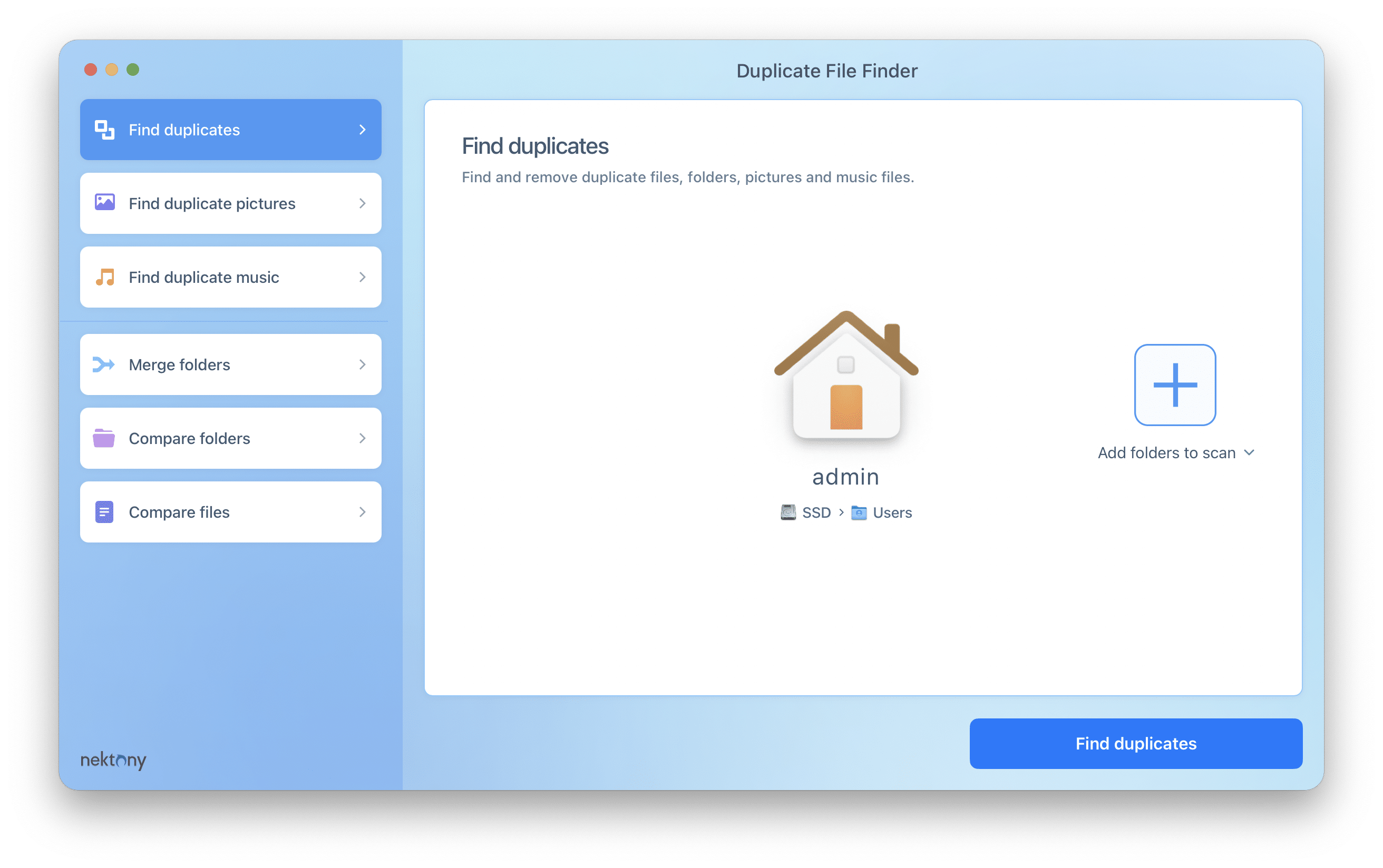 Duplicate finder window with the folders and disk to be scanned