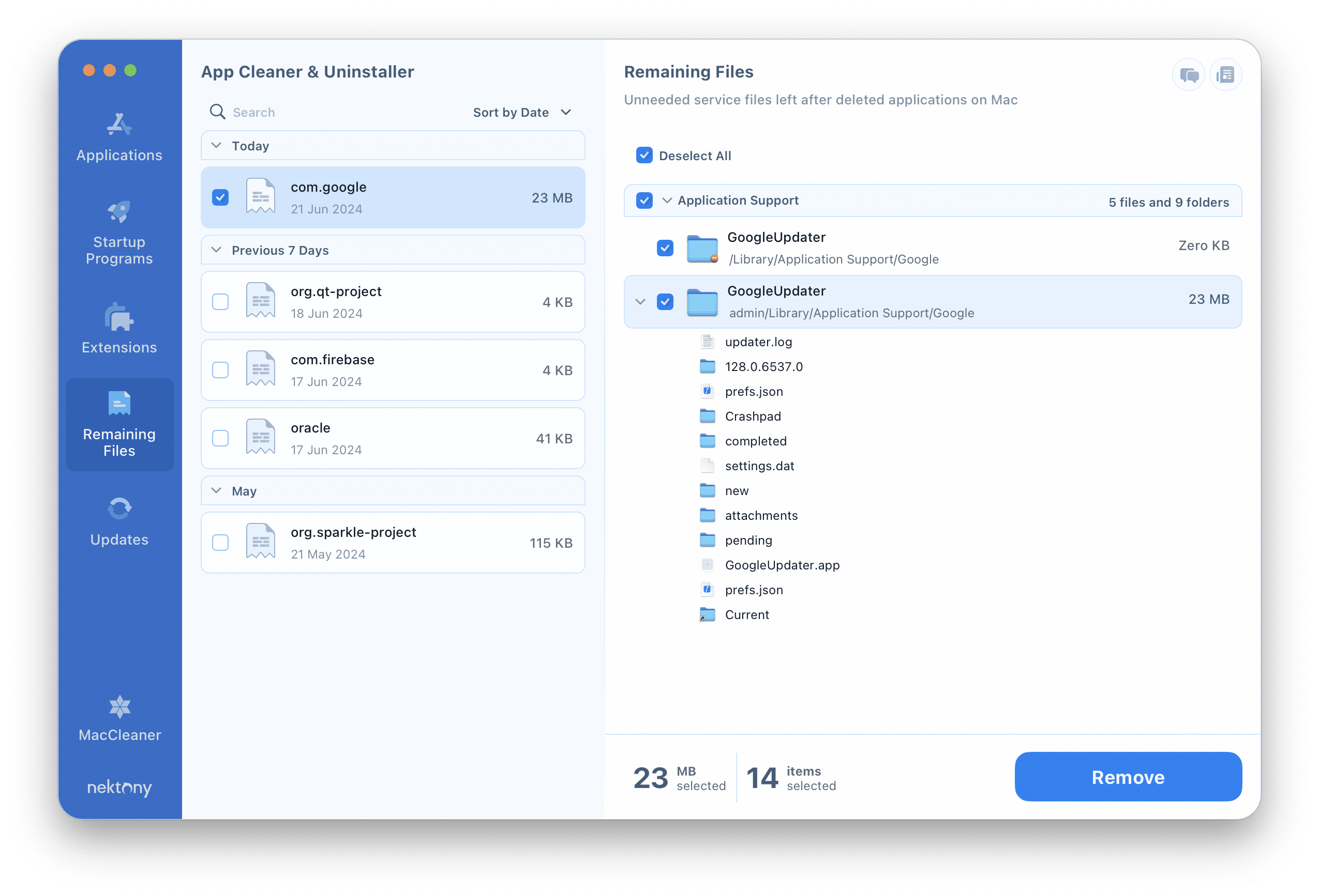 App Cleaner & Uninstaller window showing remaining files selected for removal