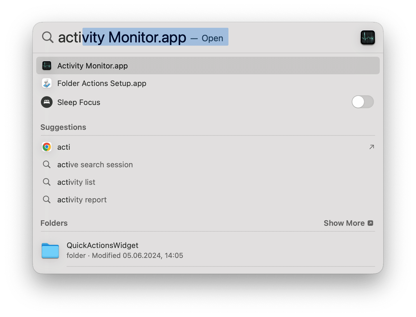 Spotlight search showing Activity Monitor