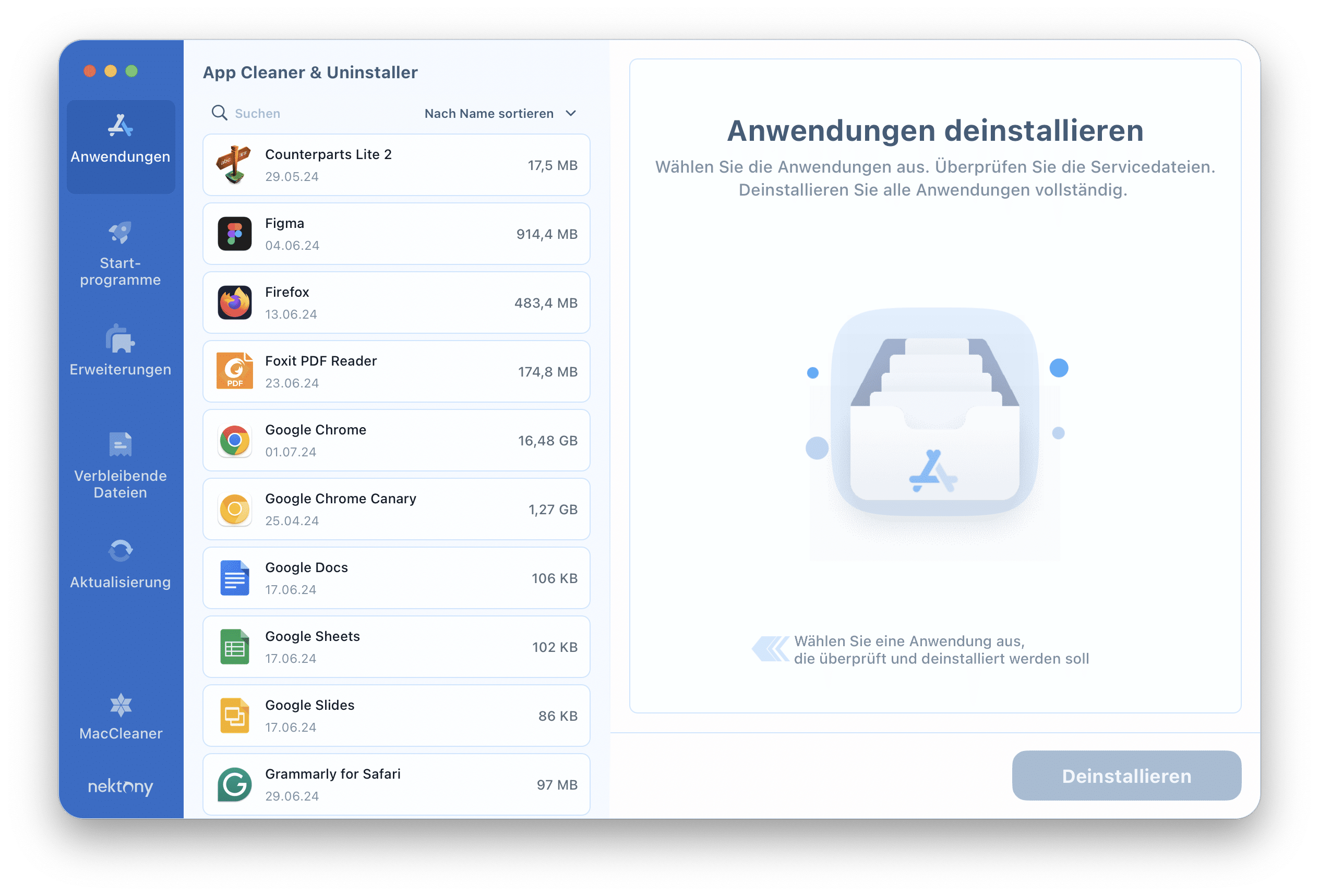 App Cleaner & Uninstaller window with the list of installed apps on a Mac