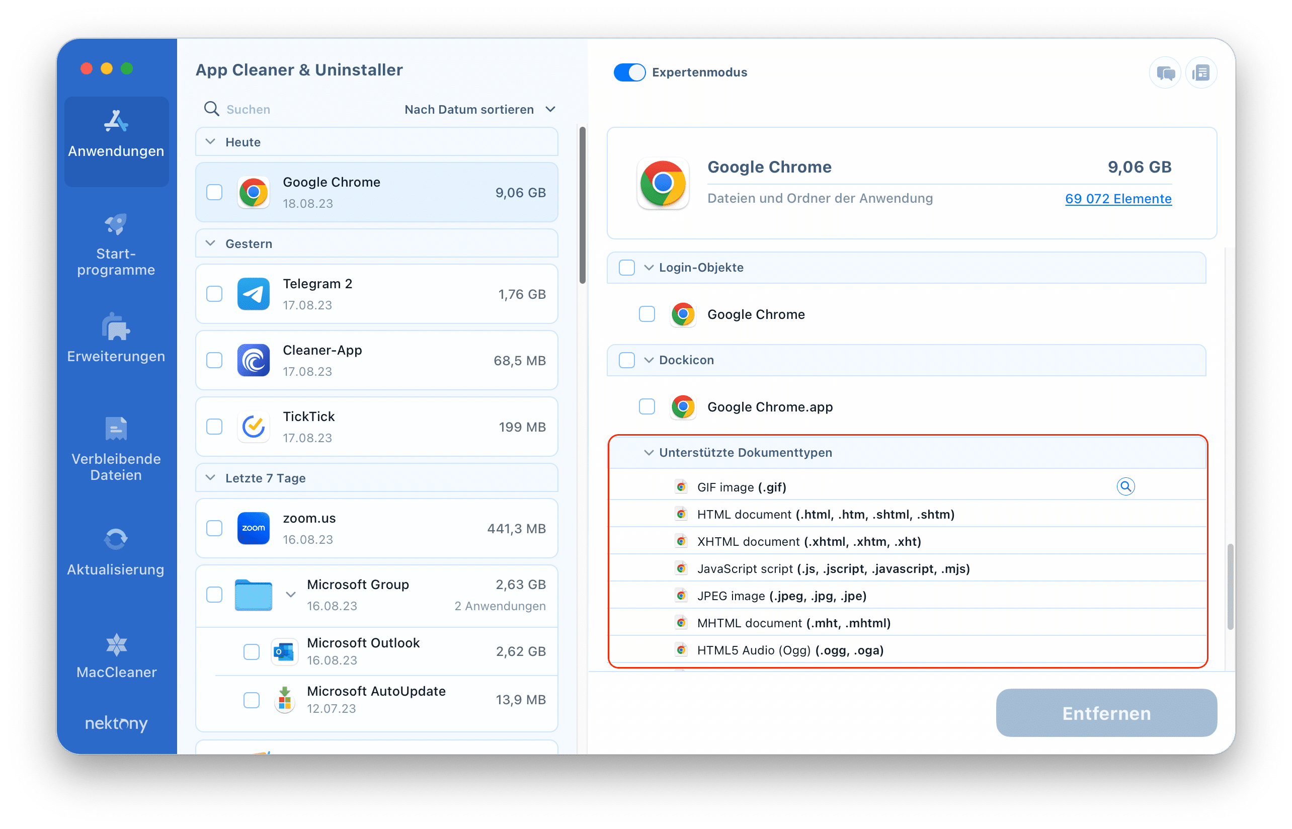 App Cleaner Uninstaller showing supported documents type