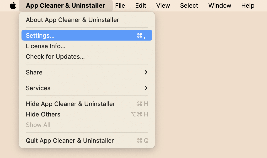 App Cleaner Uninstaller menu with the Settings option highlighted