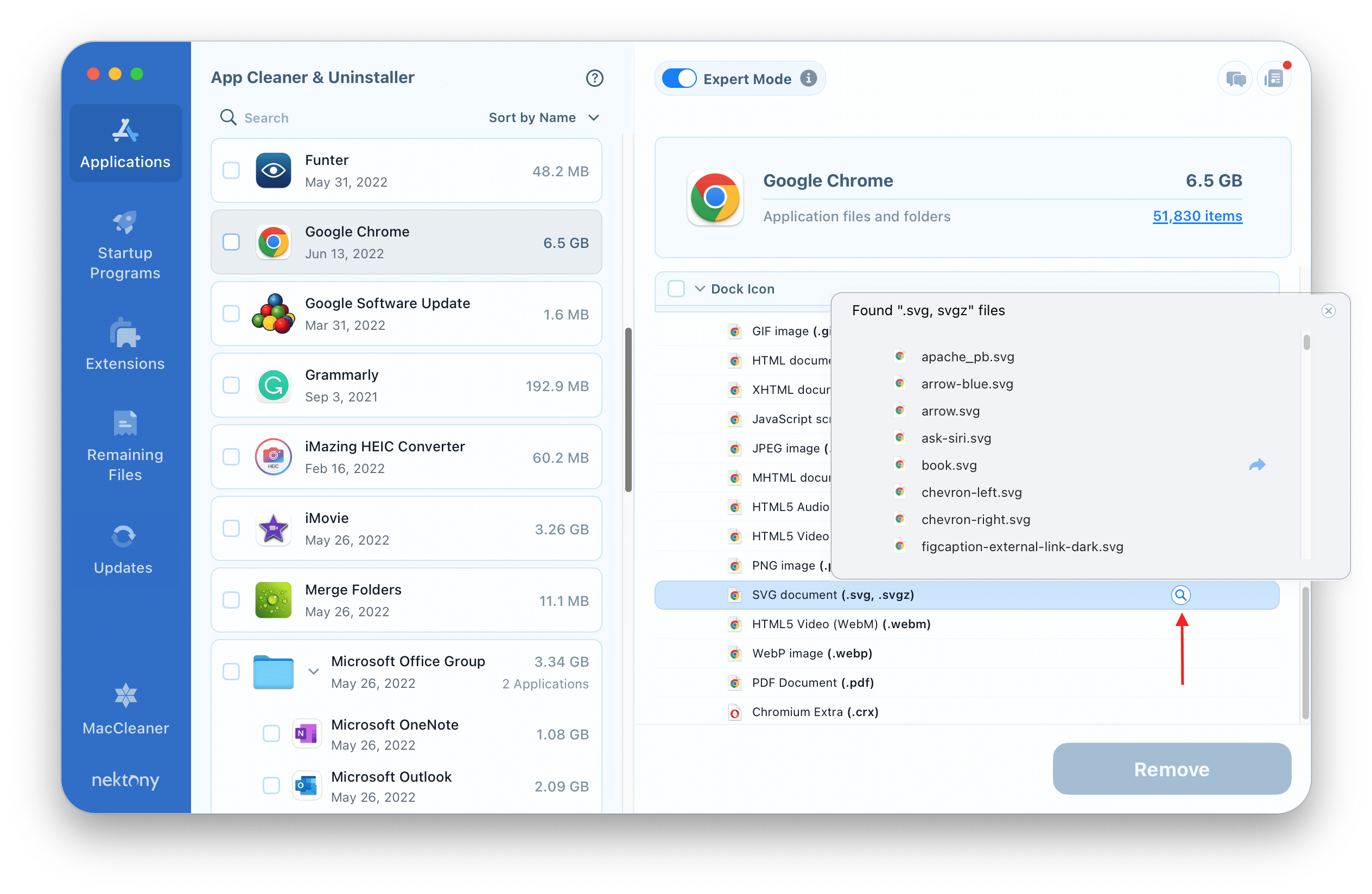 App Cleaner Uninstaller showing files for specific file types