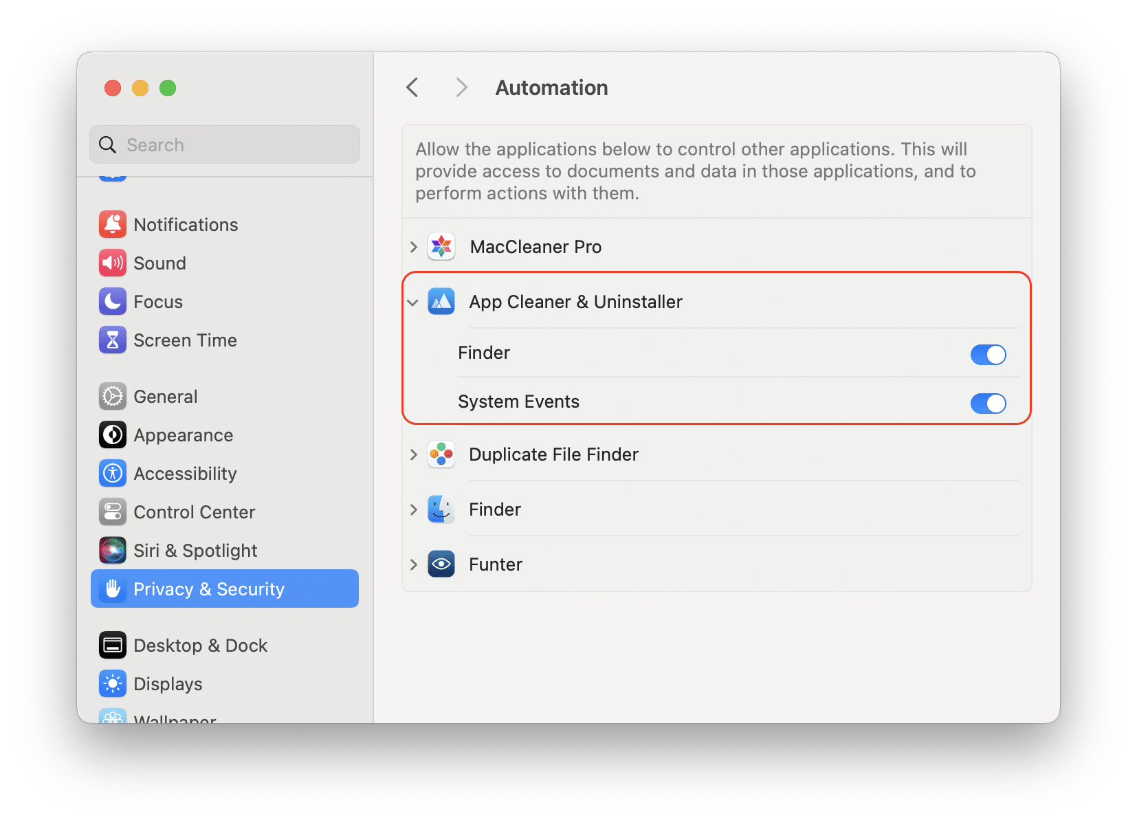 System Settings showing App Cleaner Uninstaller in the automation option