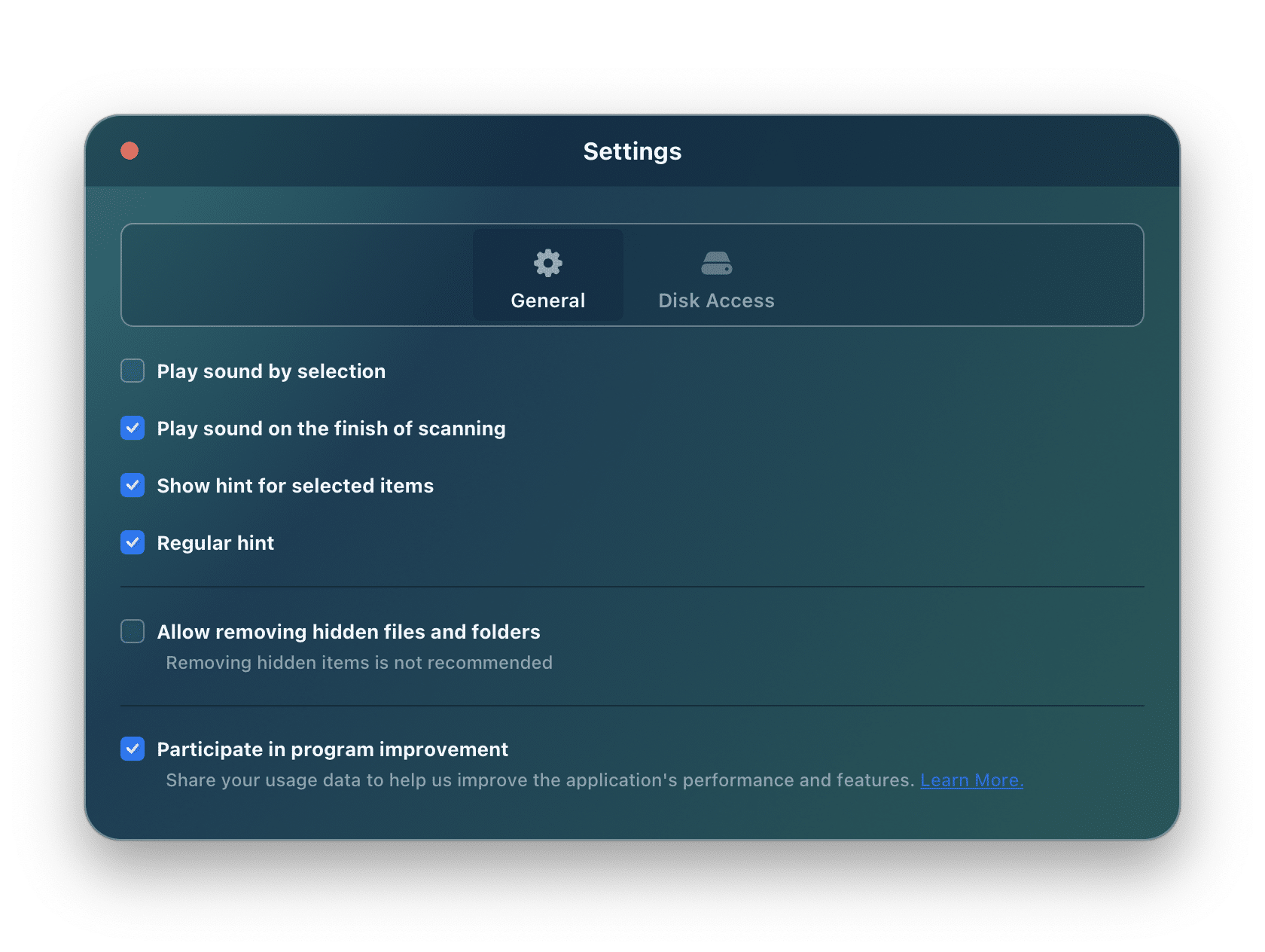 general settings disk space analyzer