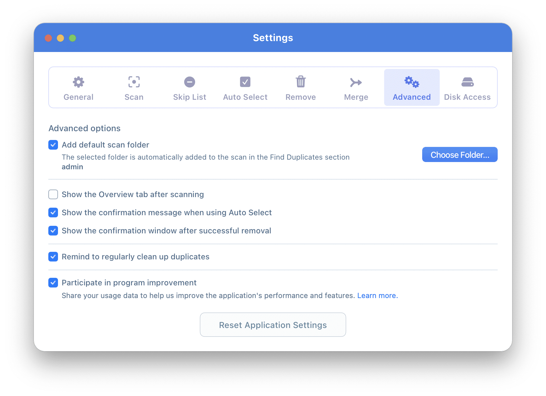 Advanced preferences of Duplicate File Finder