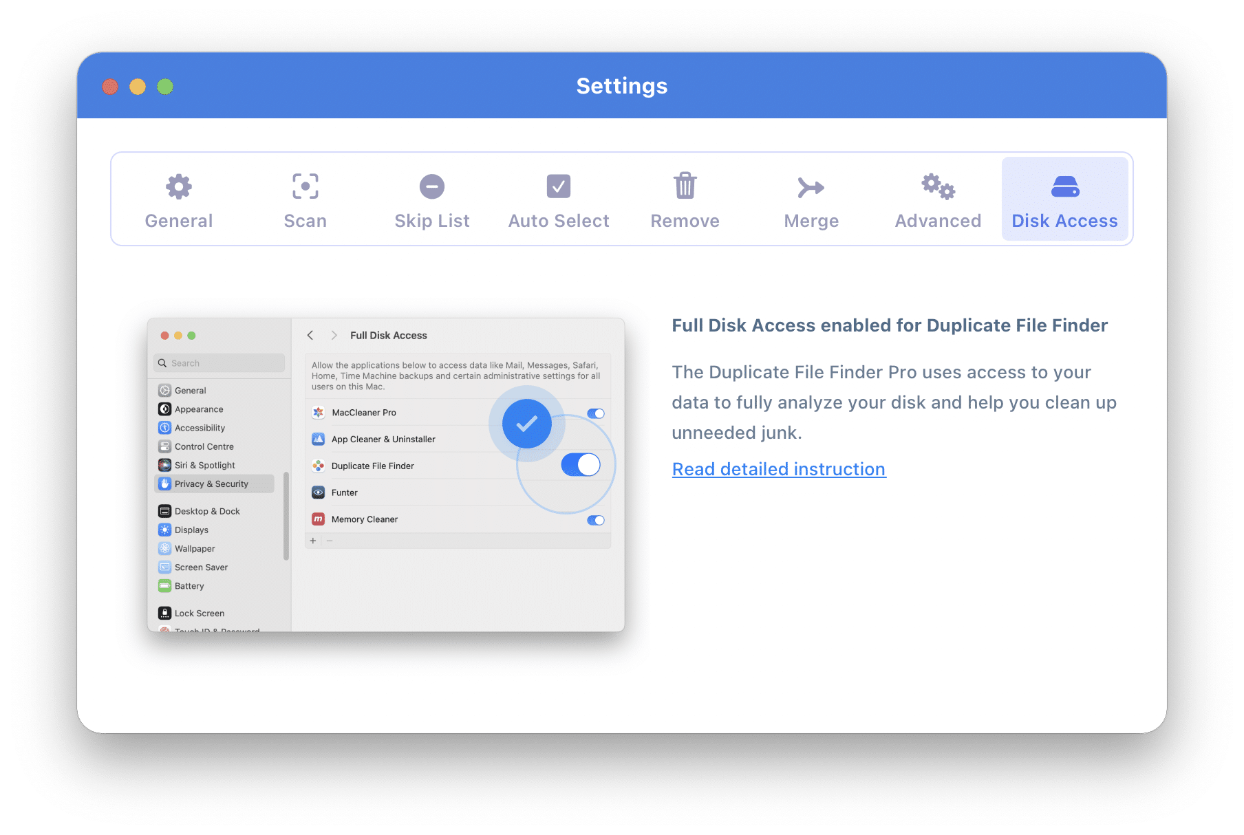 Disk Access tab of Duplicate File Finder settings