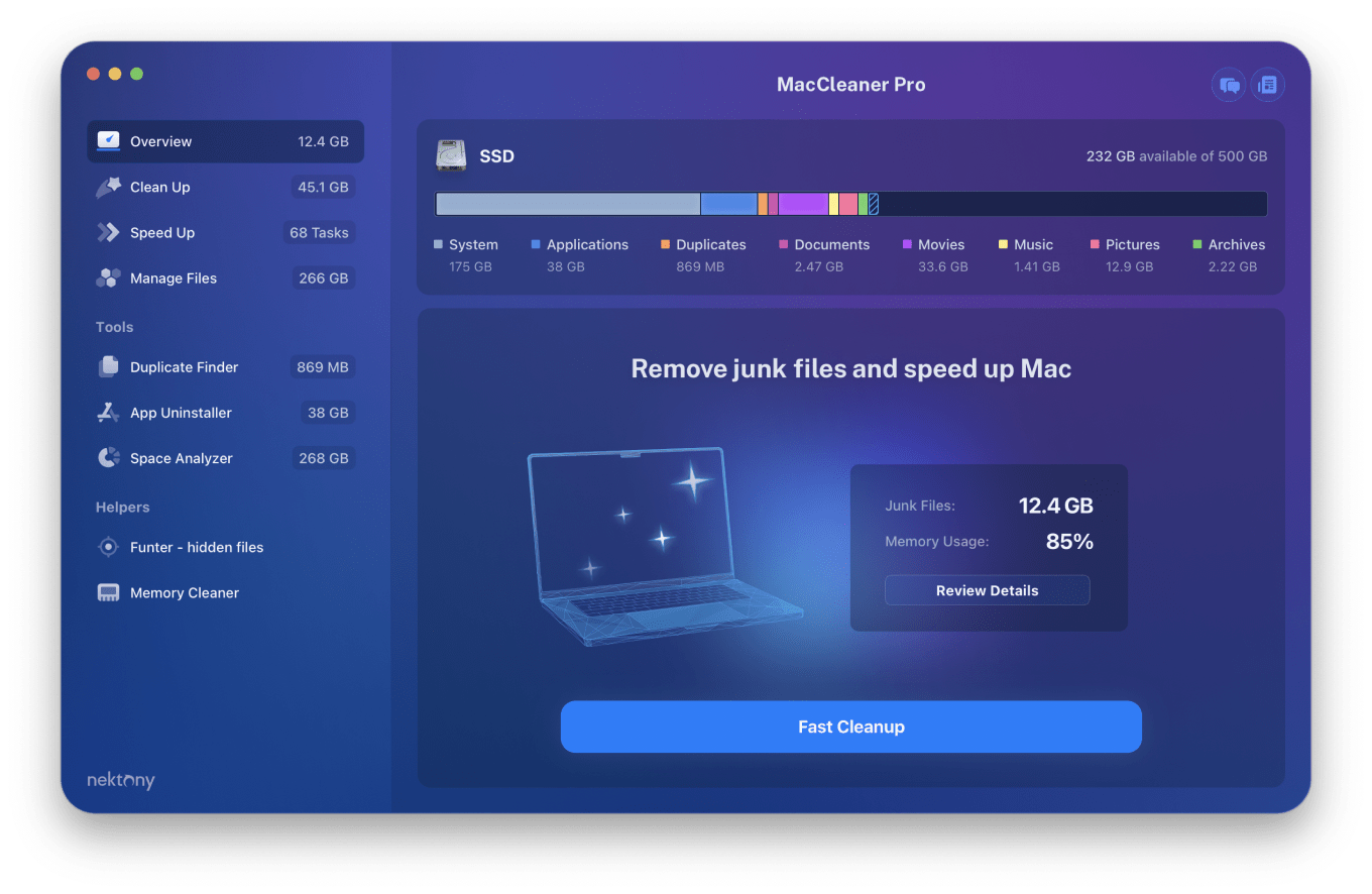 MacCleaner Pro window showing Overview tab