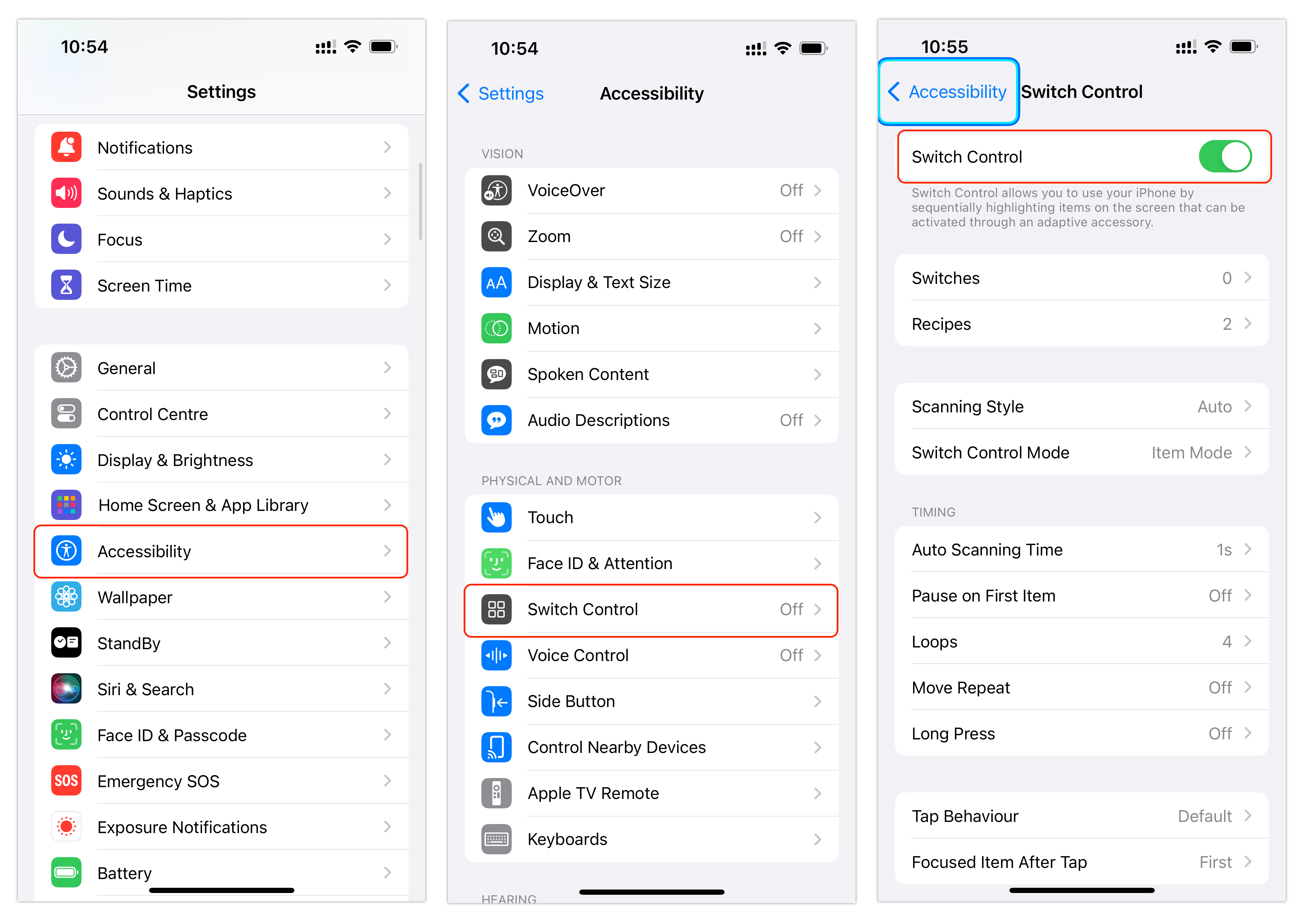 iPhone screens showing how to enable Switch Control