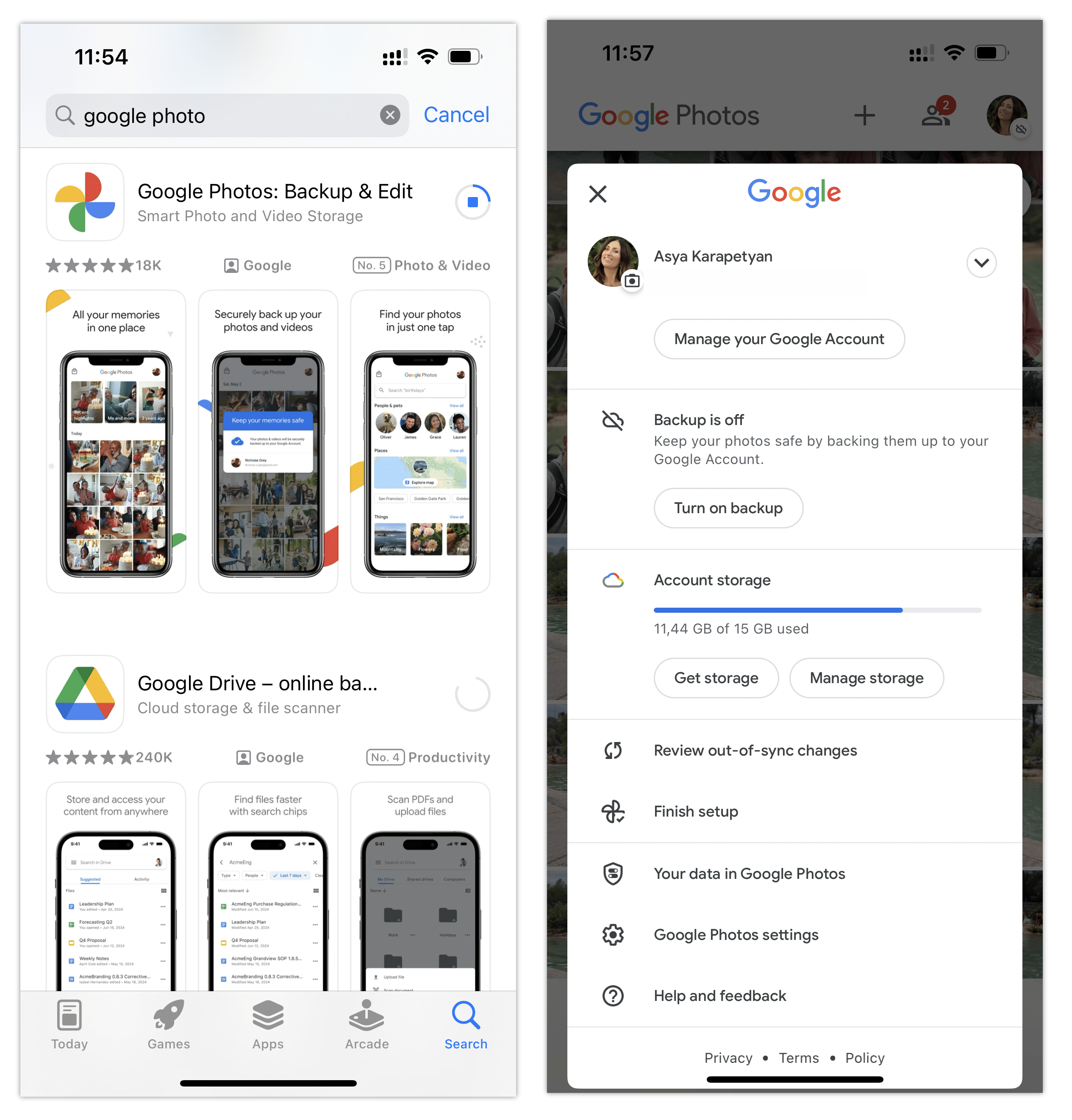 iPhone screens showing how to turn on backing up to Google Photos