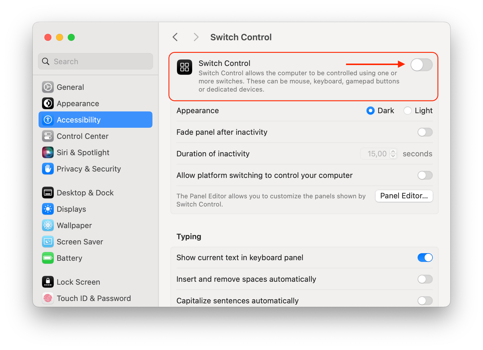 System Settings showing Switch Control