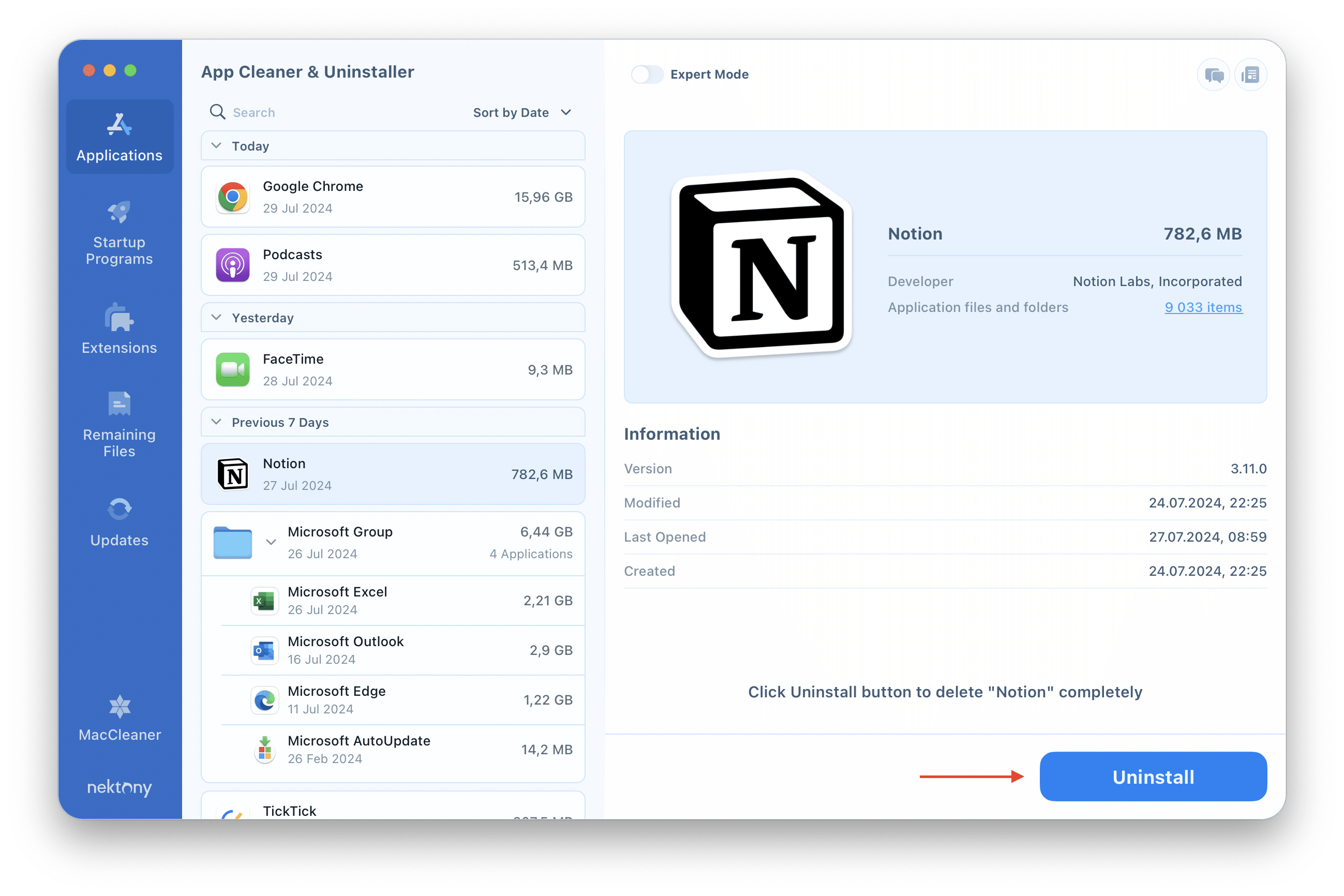 App Cleaner & Uninstaller showing Notion.