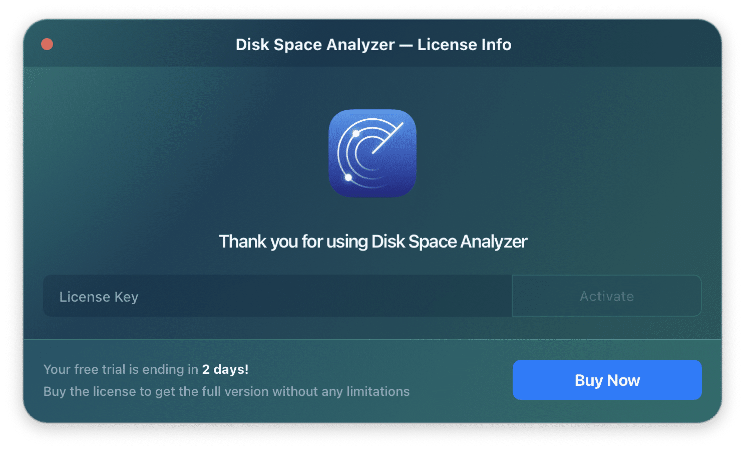 license key field in disk space analyzer app