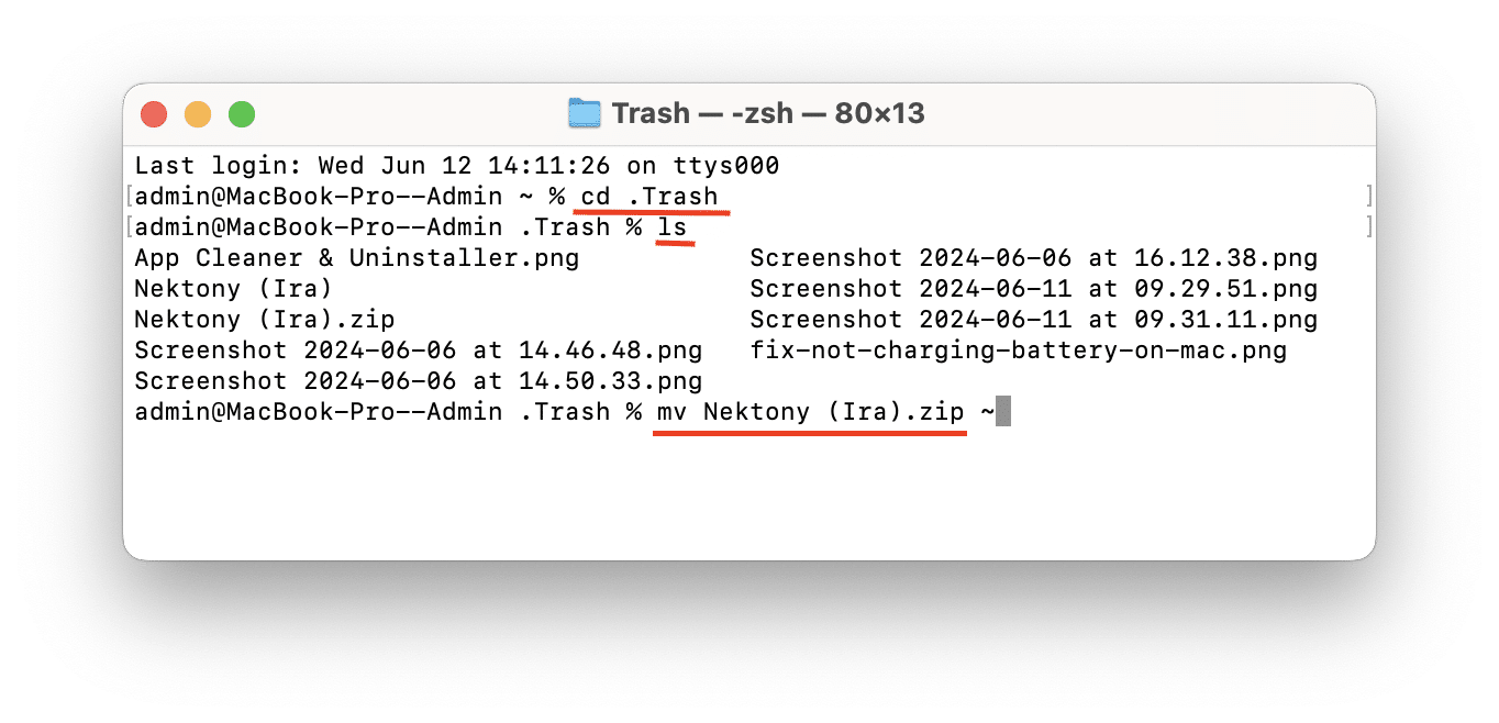 Terminal showing the command to undelete