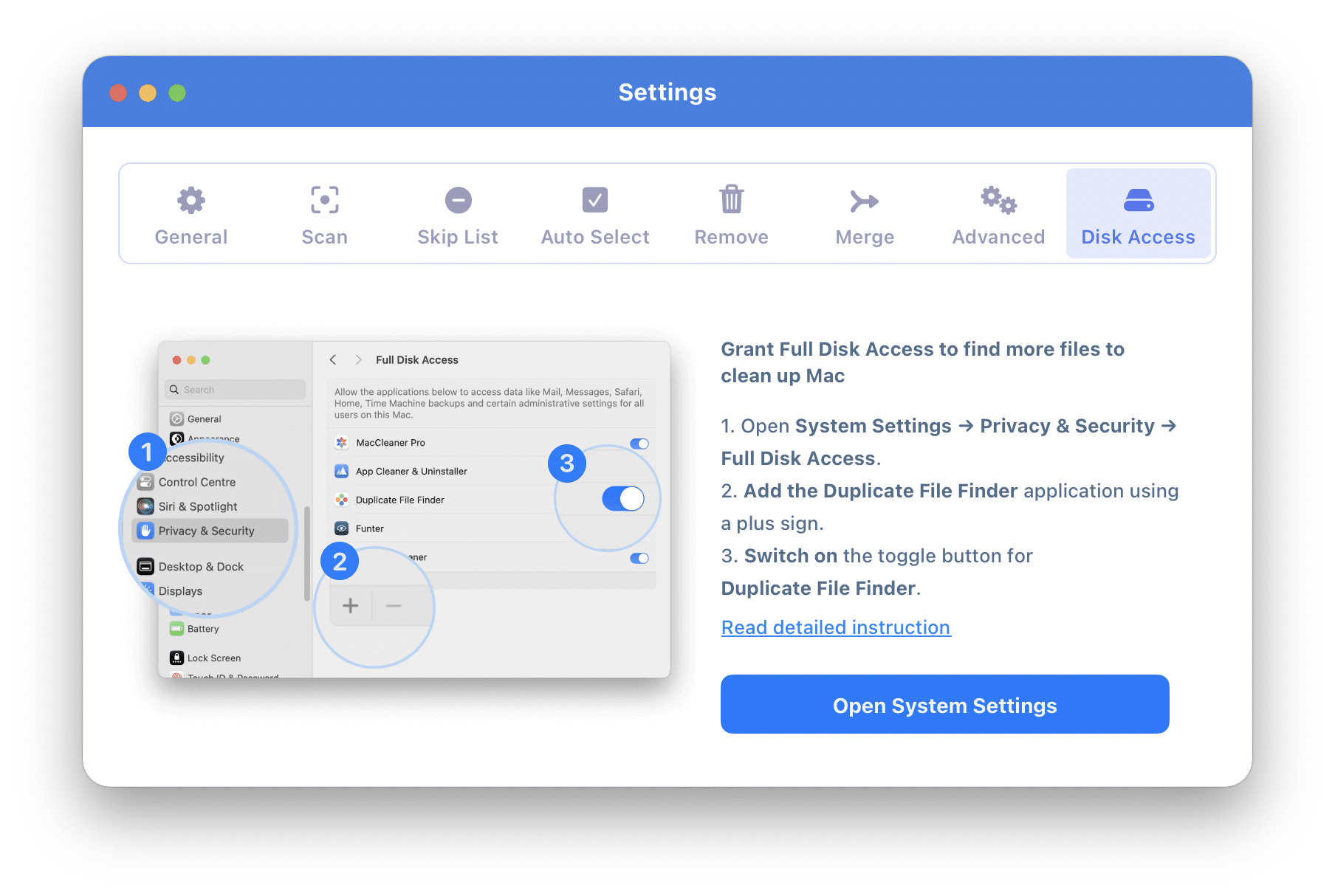 Disk Access tab of Duplicate File Finder preferences