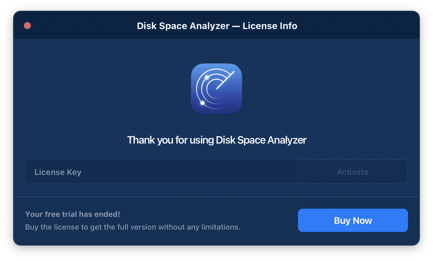 License key field in Disk Space Analyzer app