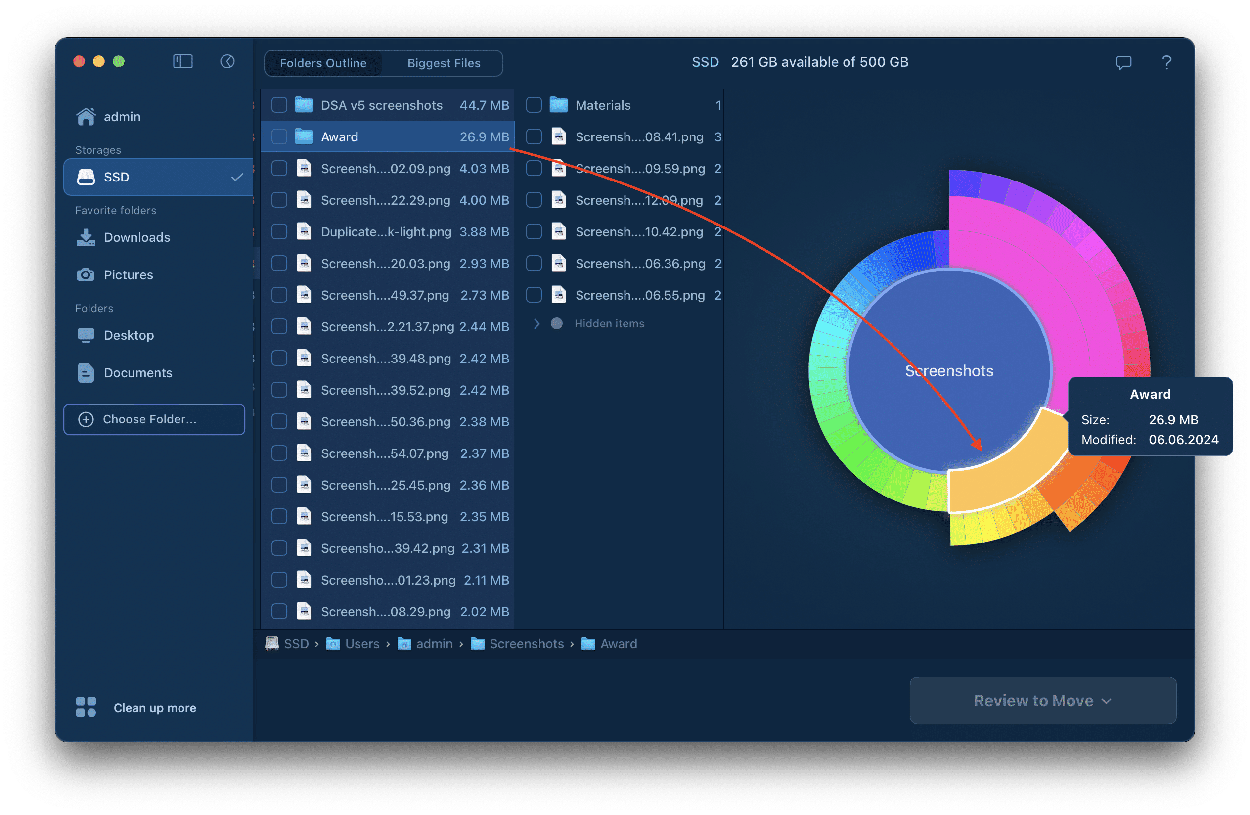 Disk Space Analyzer showing the folder on a diagram