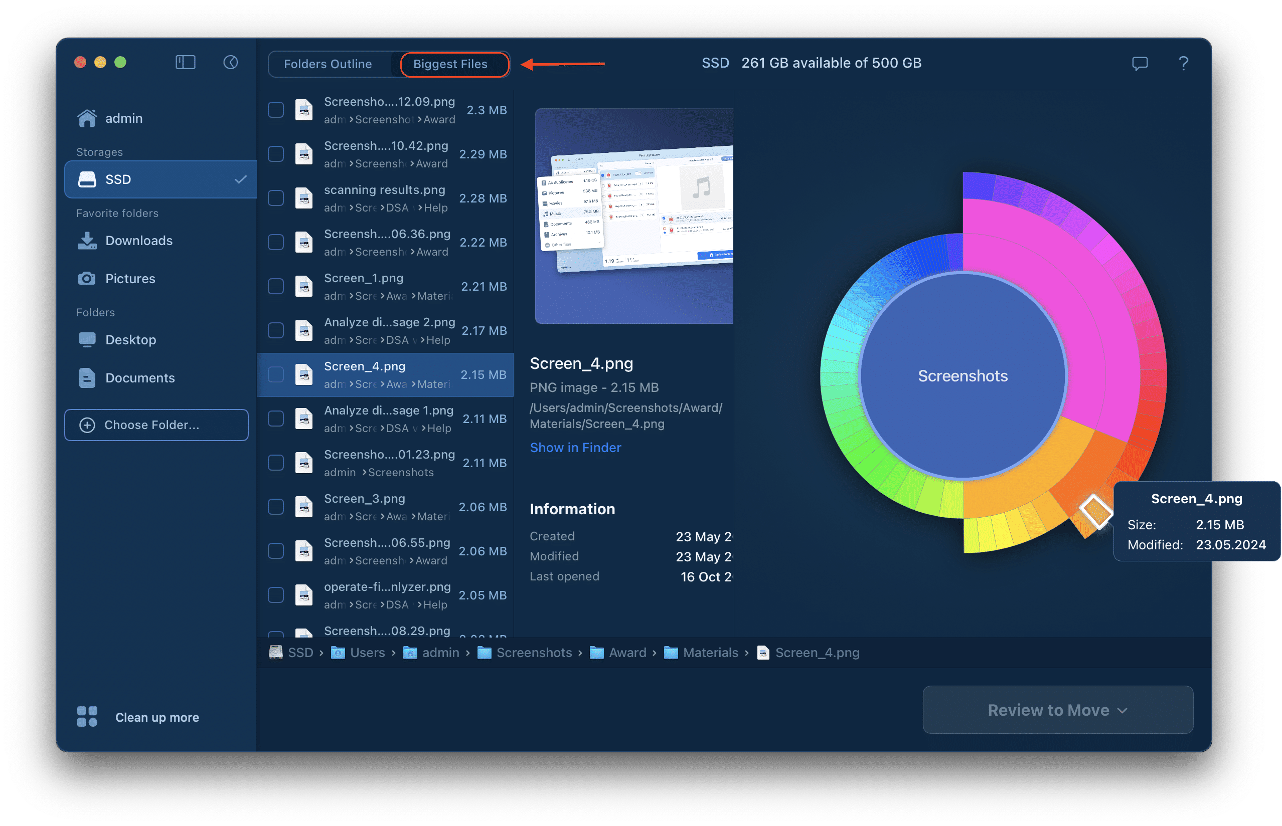 Disk Space Analyzer showing the biggest files