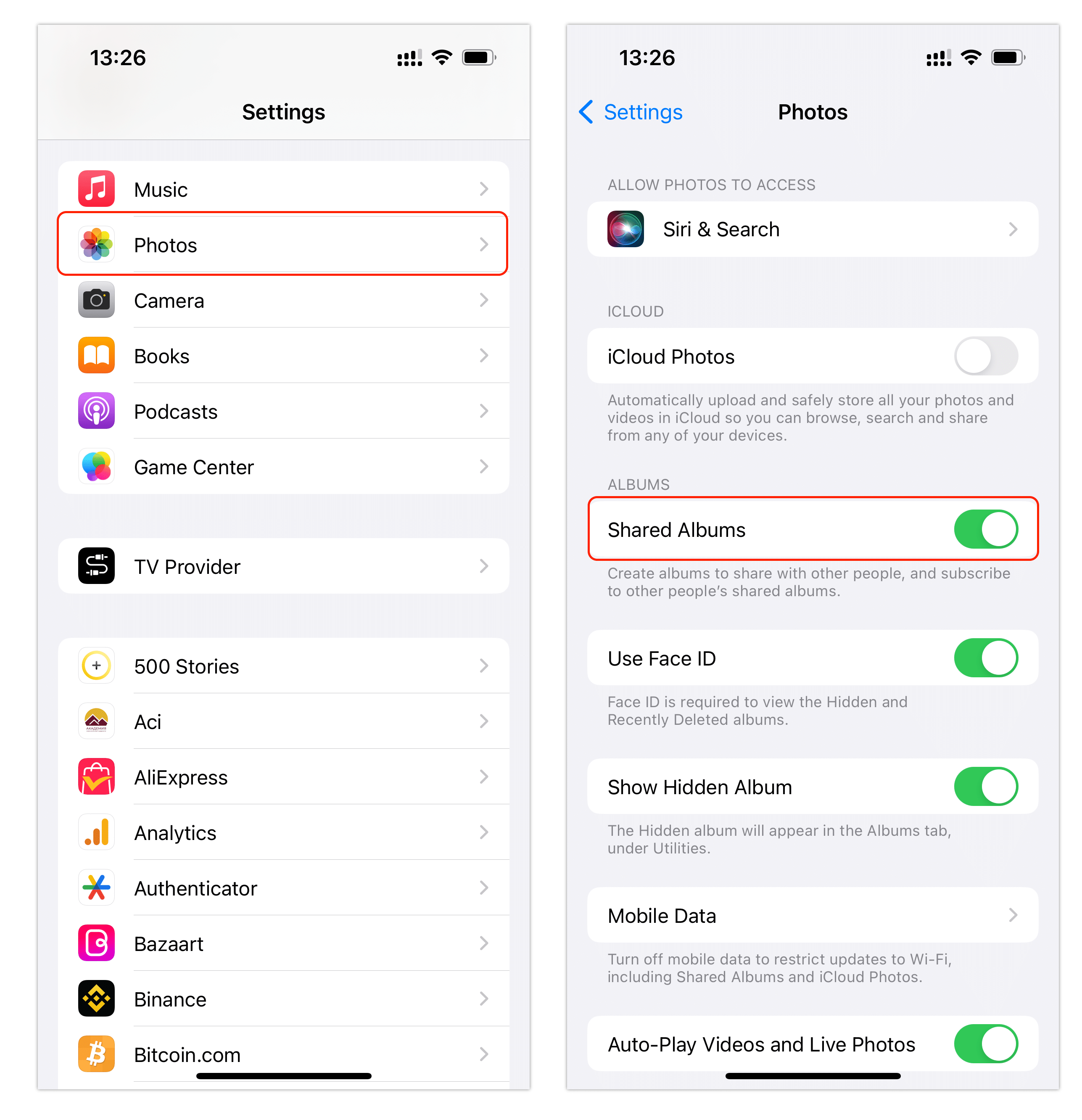 Shared Album settings