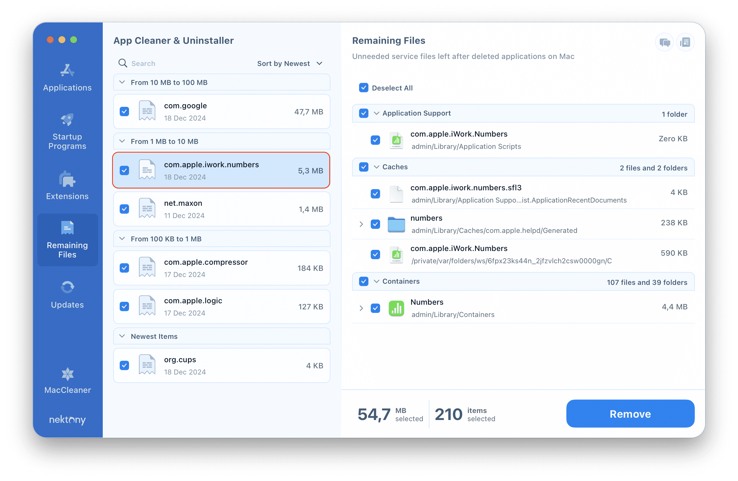 App Cleaner & Uninstaller showing Numbers remaining files