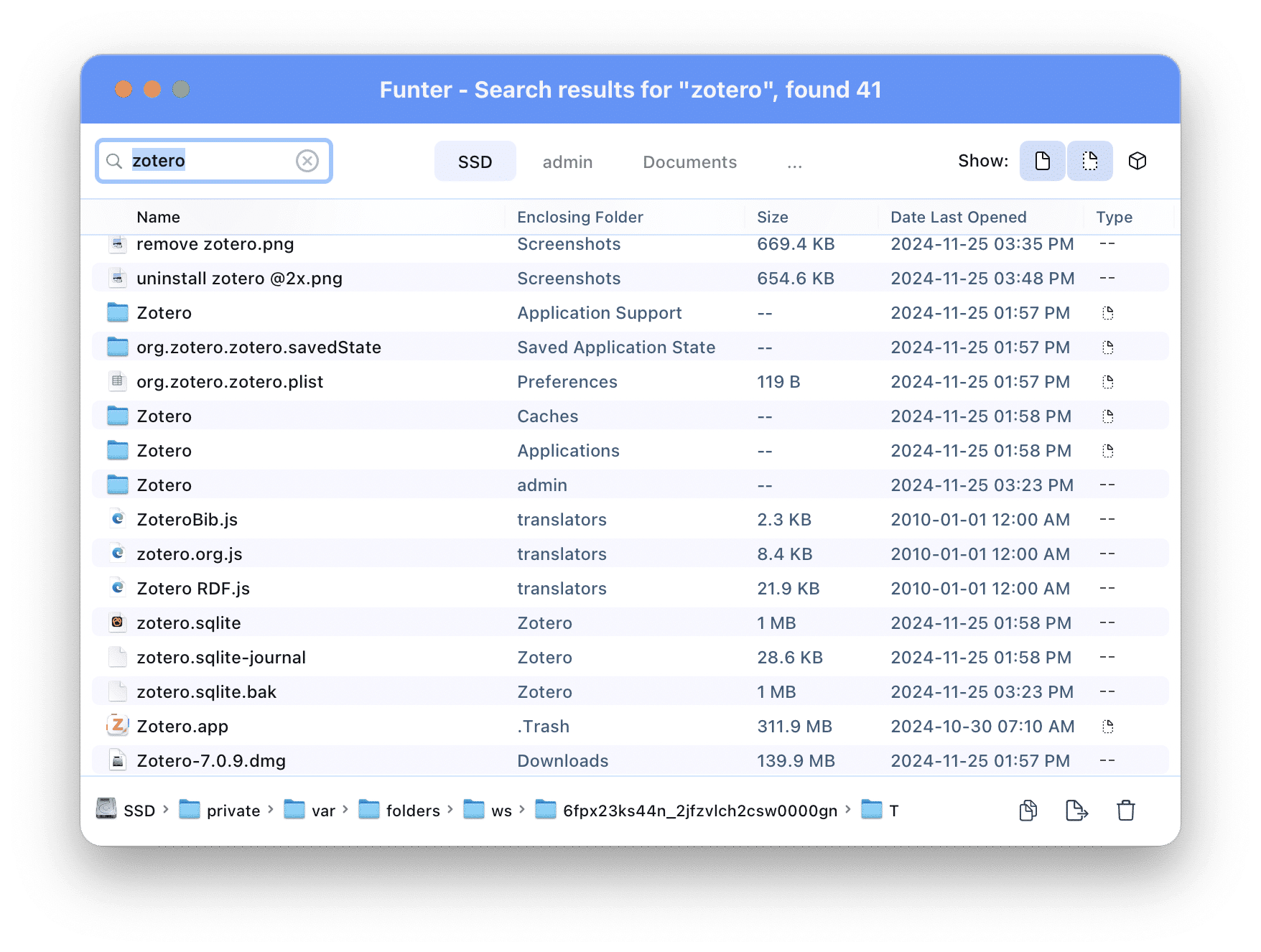 Funter showing Zotero files