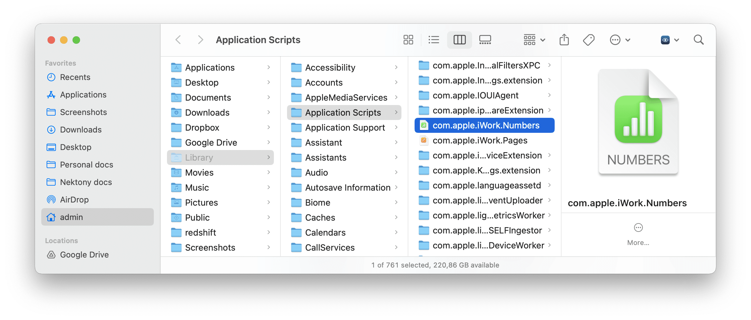 Library folder showing Numbers support files