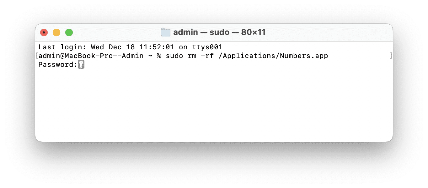 Terminal app showing command to uninstall Numbers