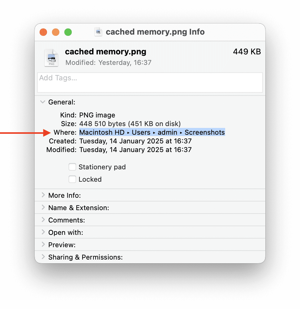 File path in the Info panel