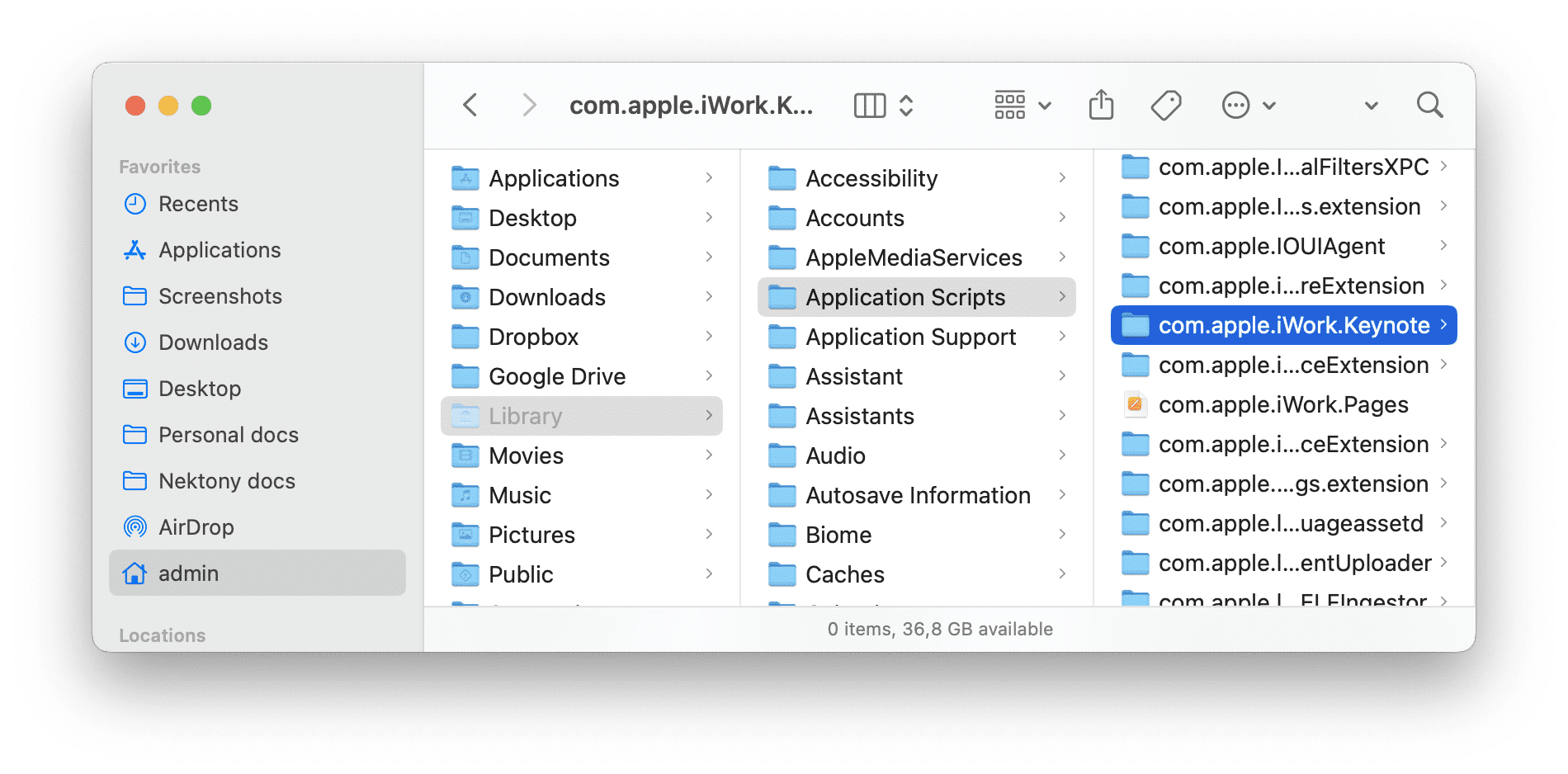 Keynote's support files in the Library folder