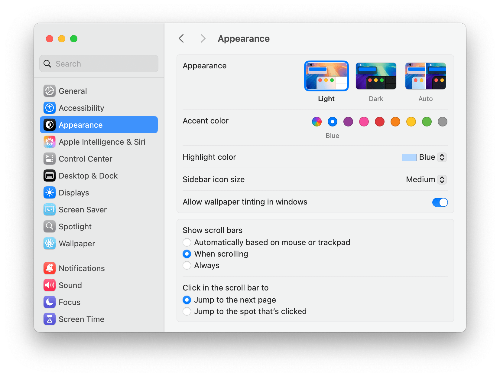 System Settings showing Appearance preferences