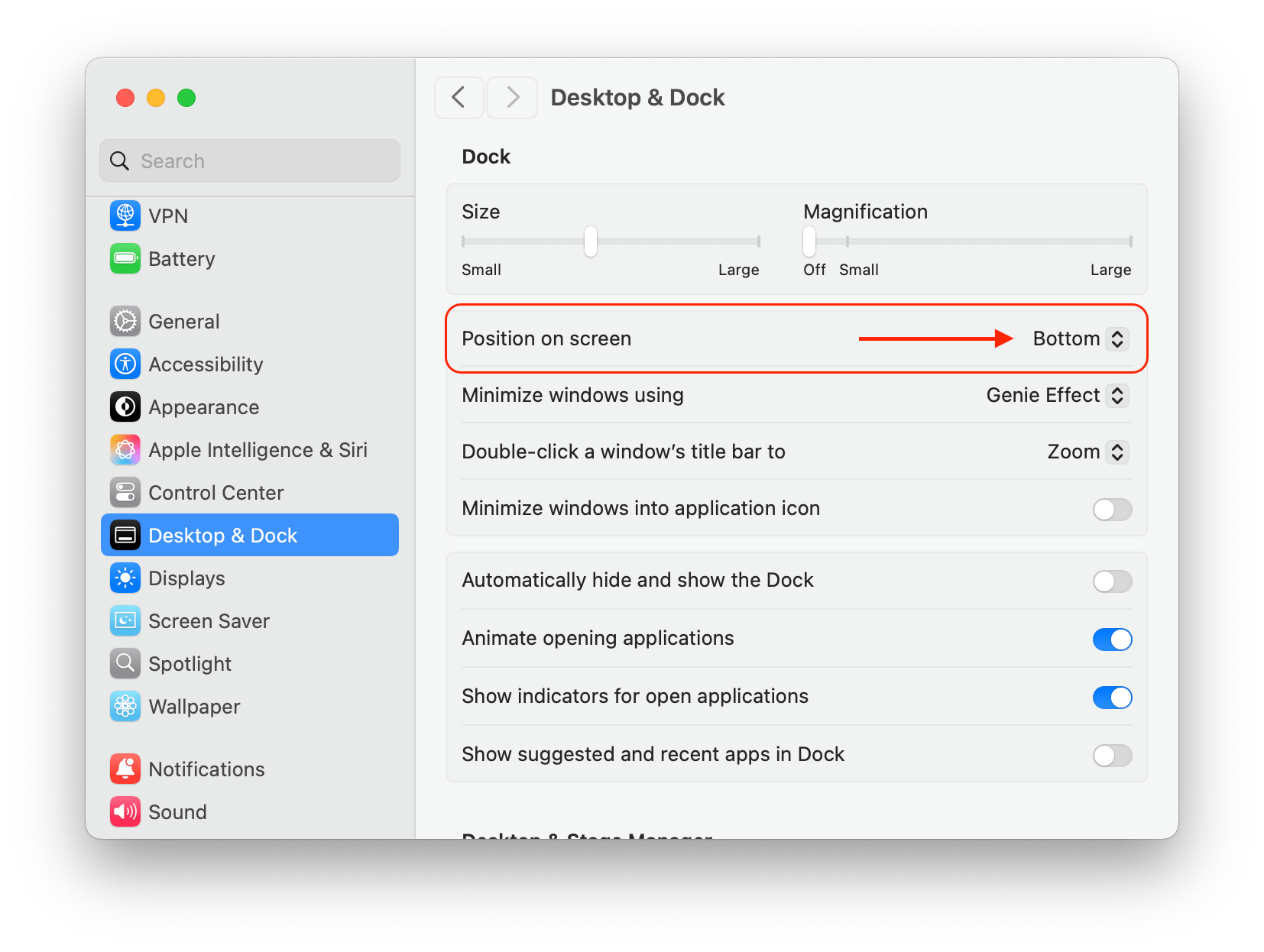 Dock panel position settings