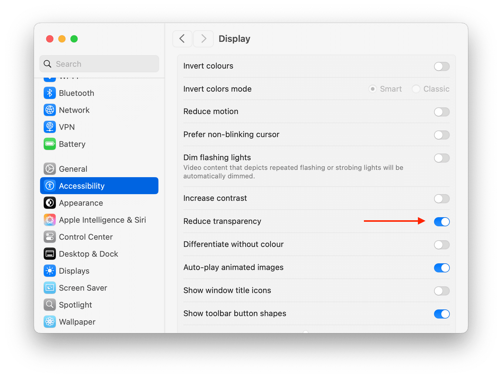 System Settings showing how to reduce transparency of Mac menu bar