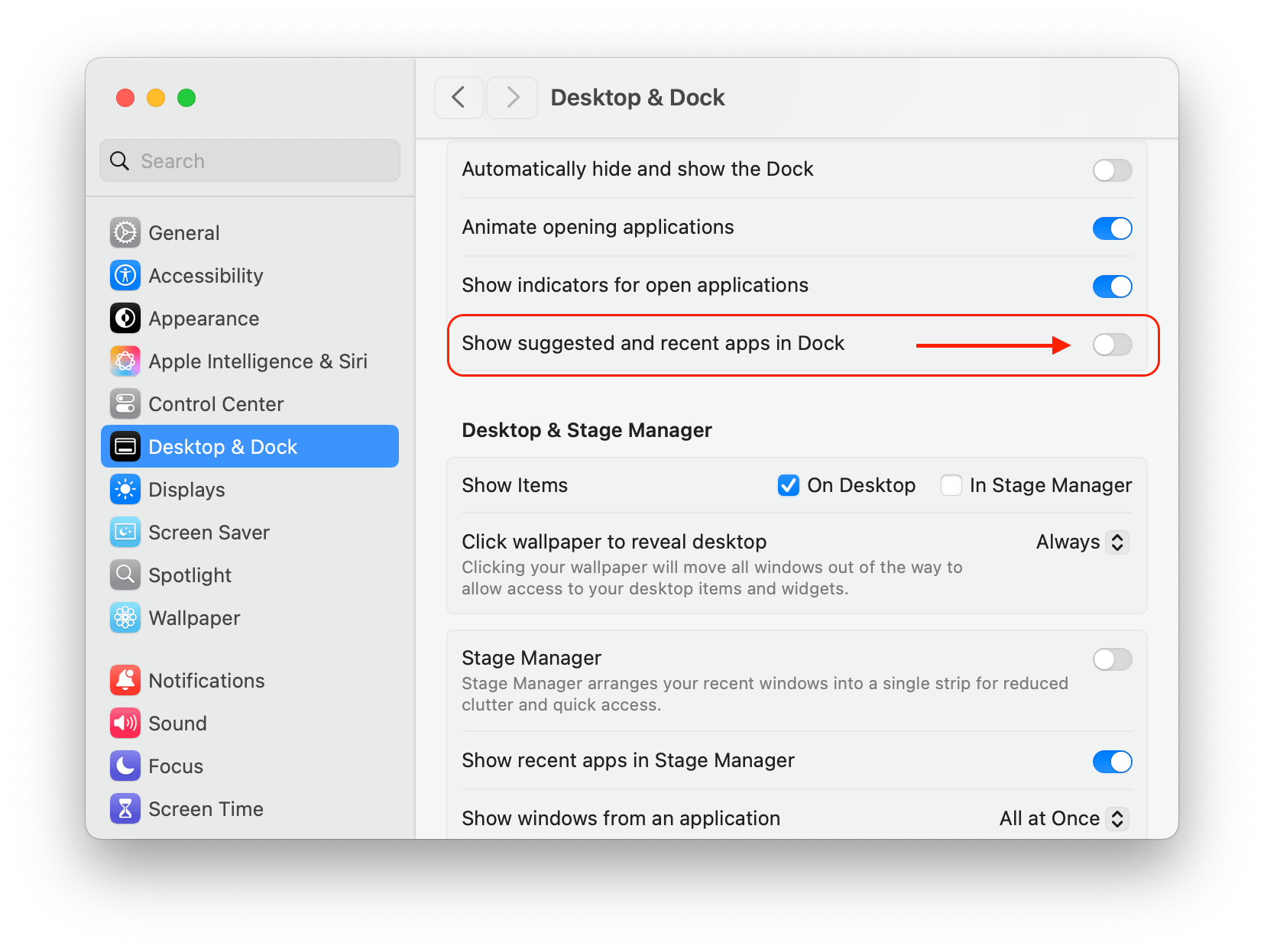 Dock panel position settings