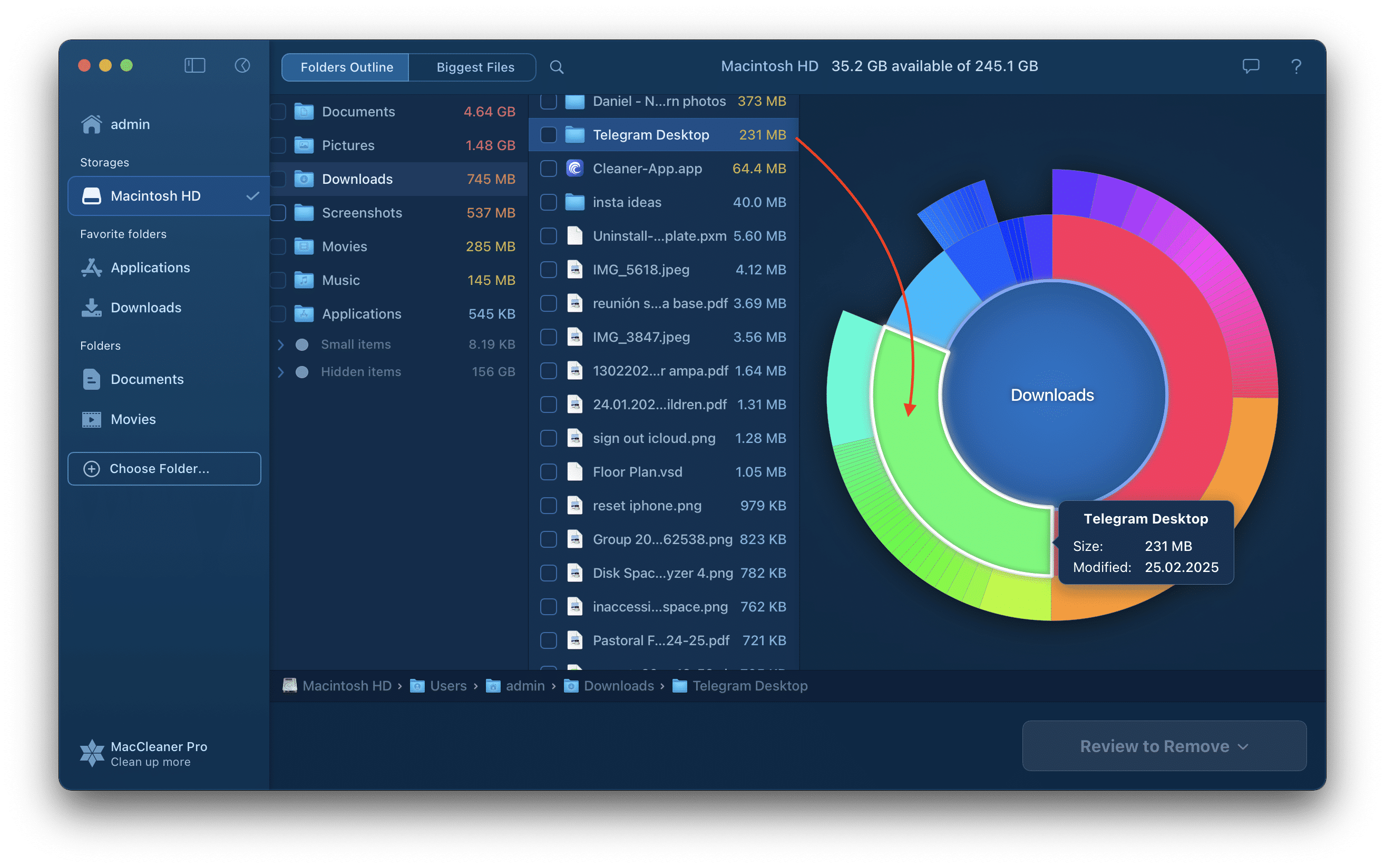 Disk Space Analyzer showing the folder on a diagram