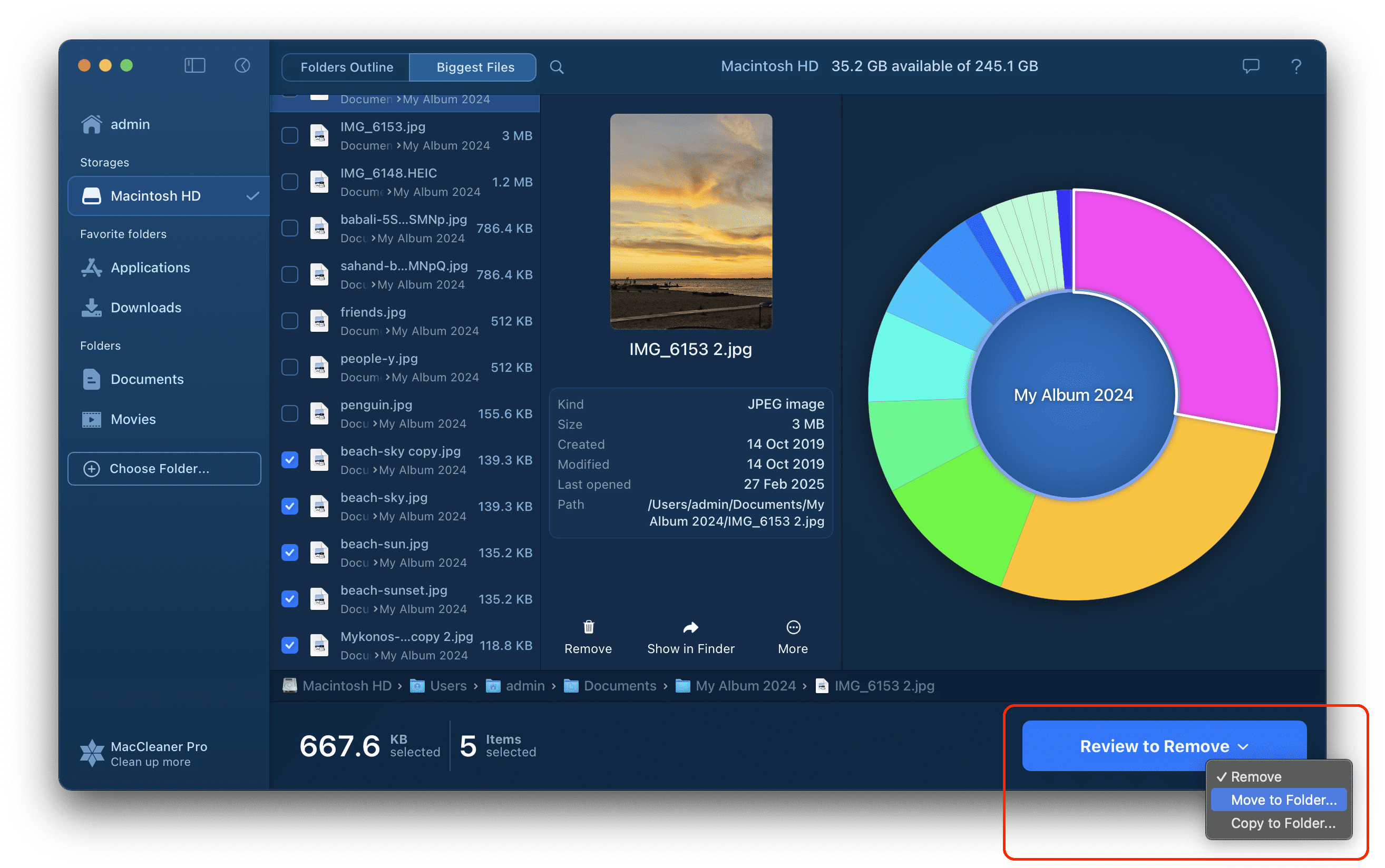 removing selected big files in disk space analyzer