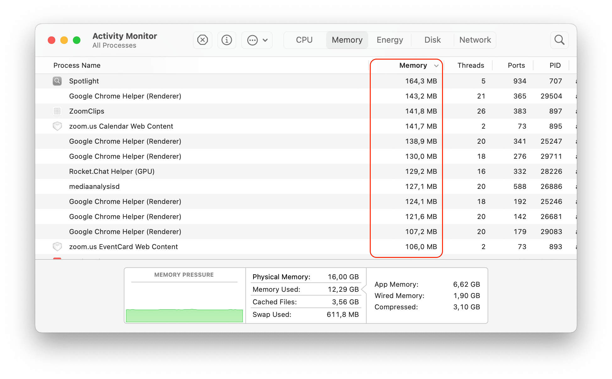 Activity Monitor window with the Memory column highlighted