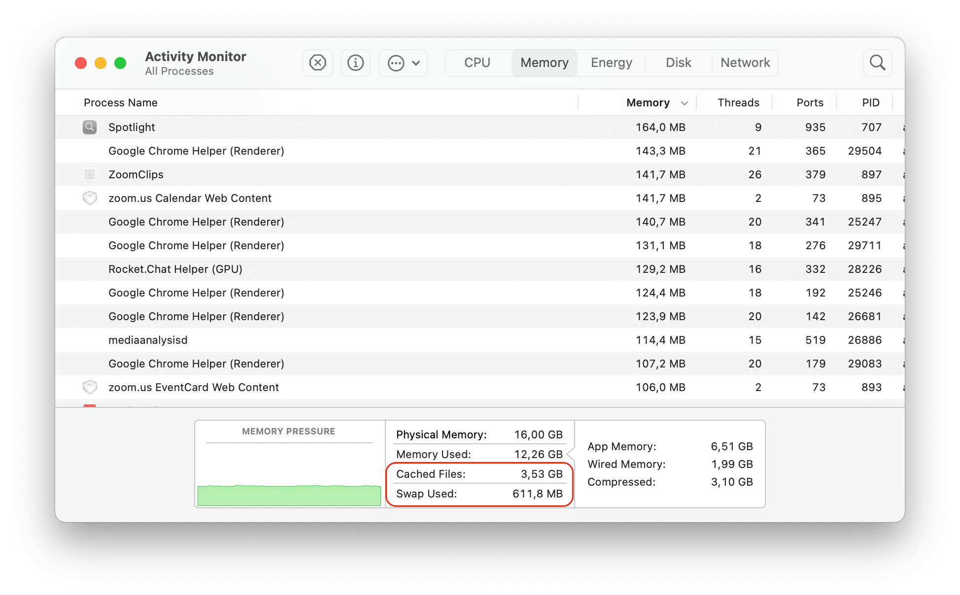 Activity Monitor window with the Cached files volume highlighted