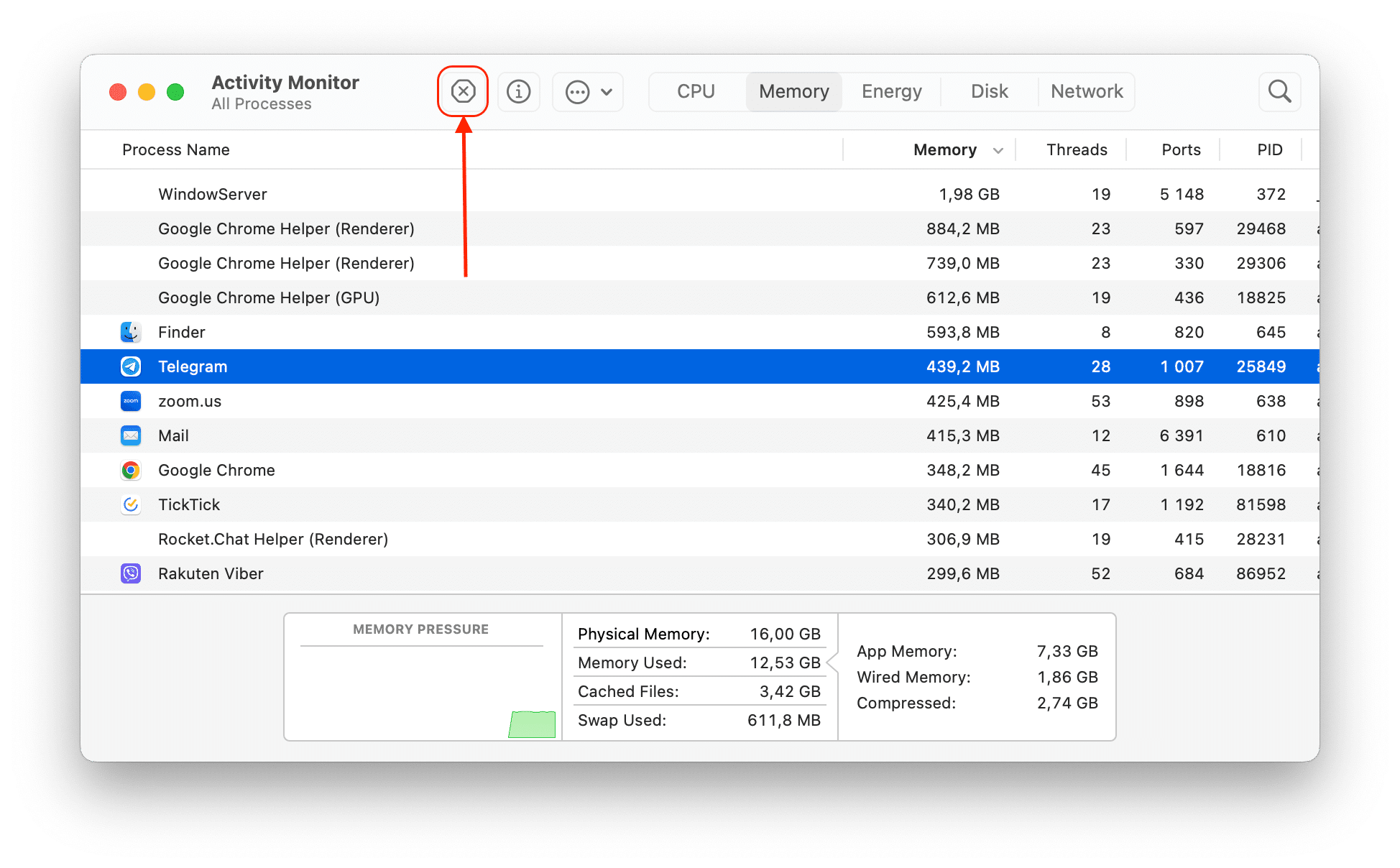 Activity Monitor showing how to close apps